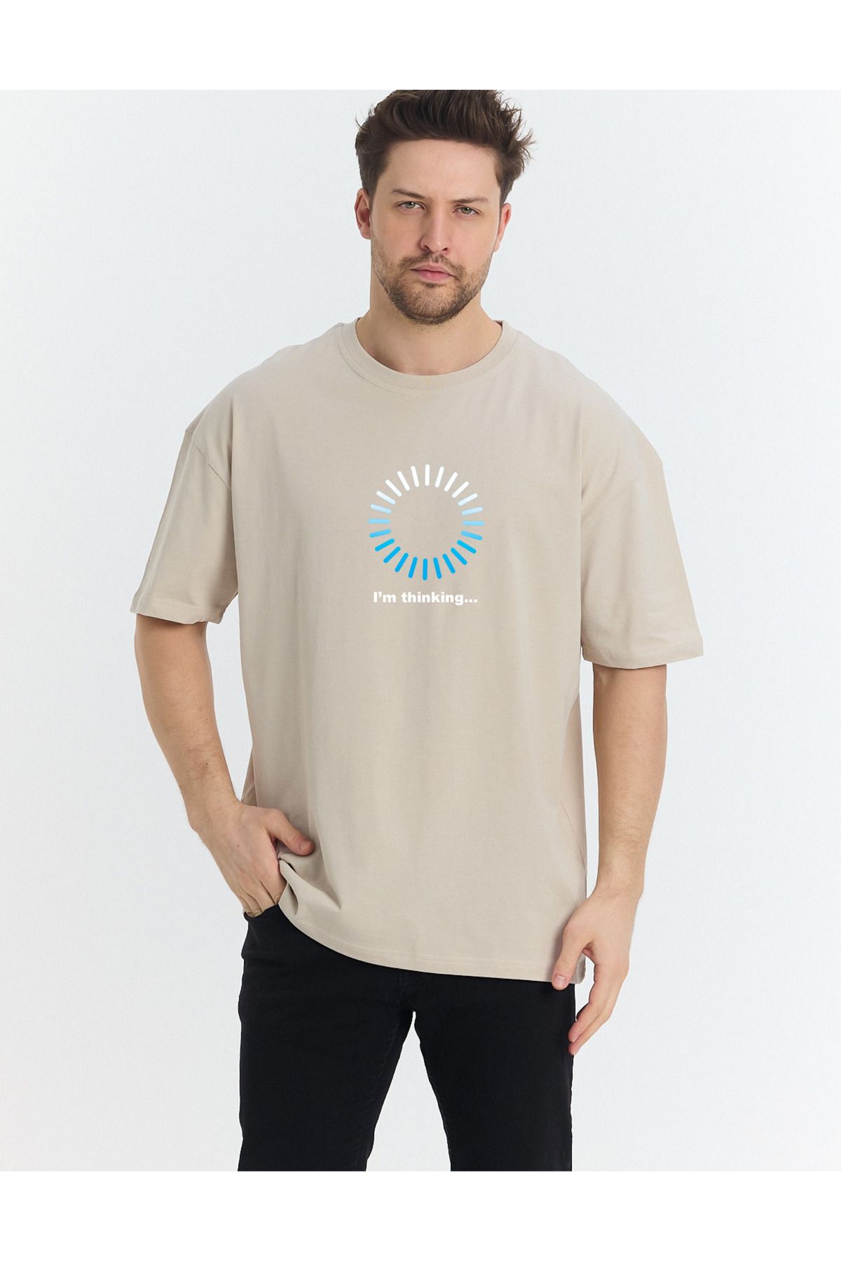 Windy Island Erkek Bisiklet Yaka "I am thinking" Baskılı Oversize T-shirt