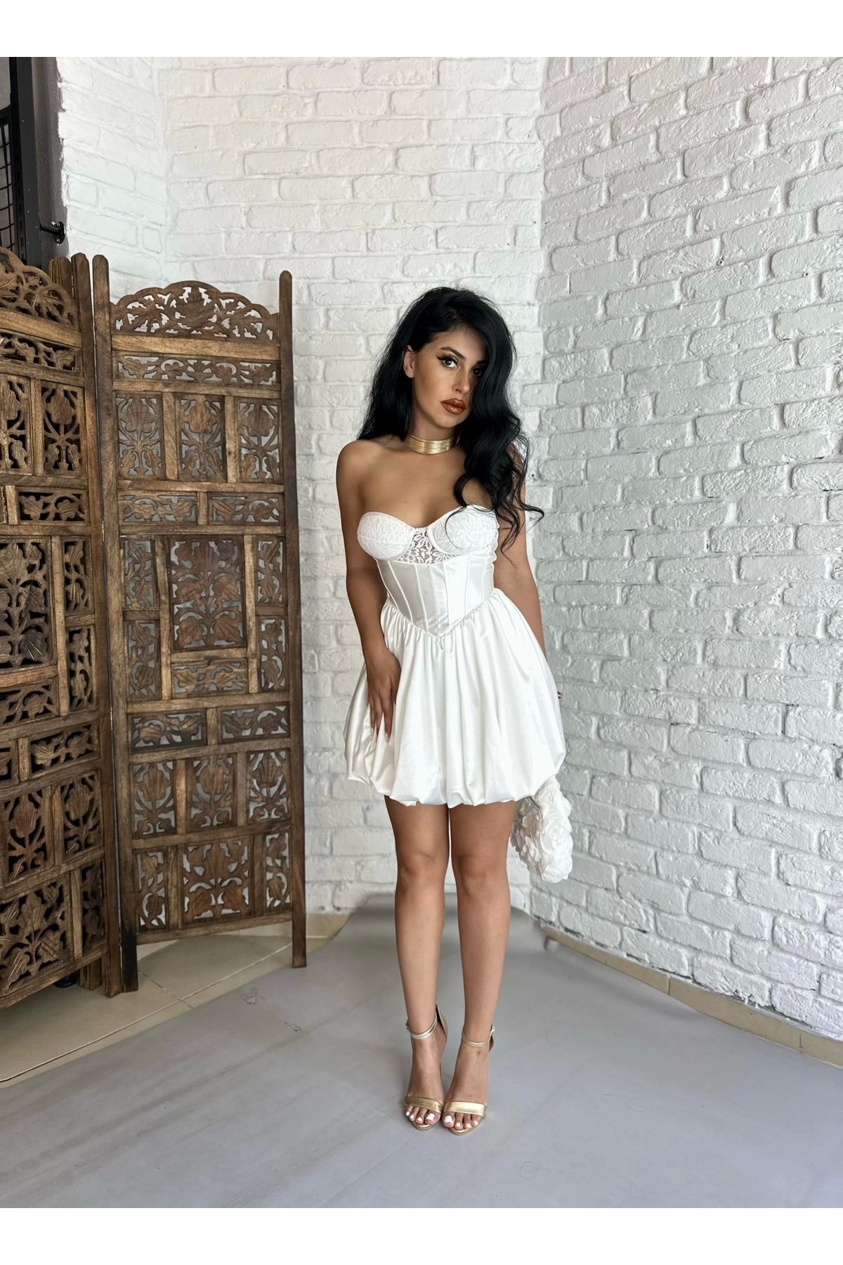 moneta boutique Kadın Üst Korse Detaylı Bağçıklı Saten Balon Elbise
