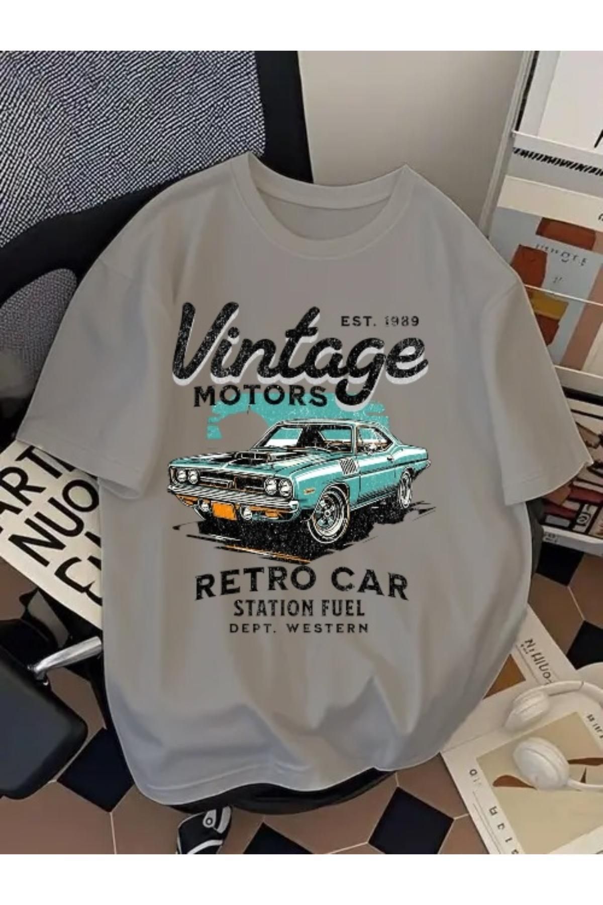 EQİ Vintage Retro Car Baskılı Oversize T-Shirt