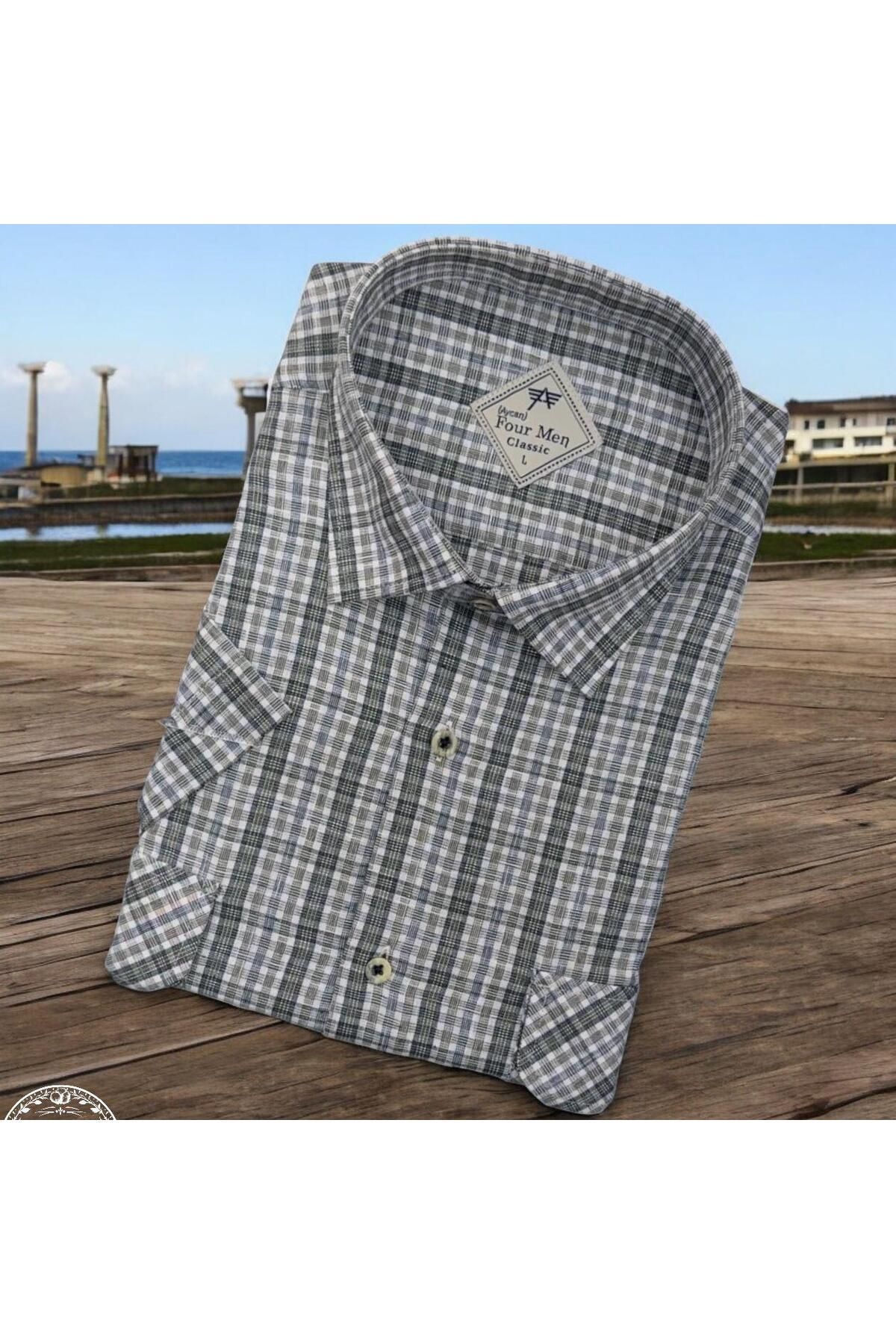 EREN STYLE Linen Keten Klasik Kısa Kollu İki Cepli Kapaklı Gri Baba Gömleği (Regular Kalıp)