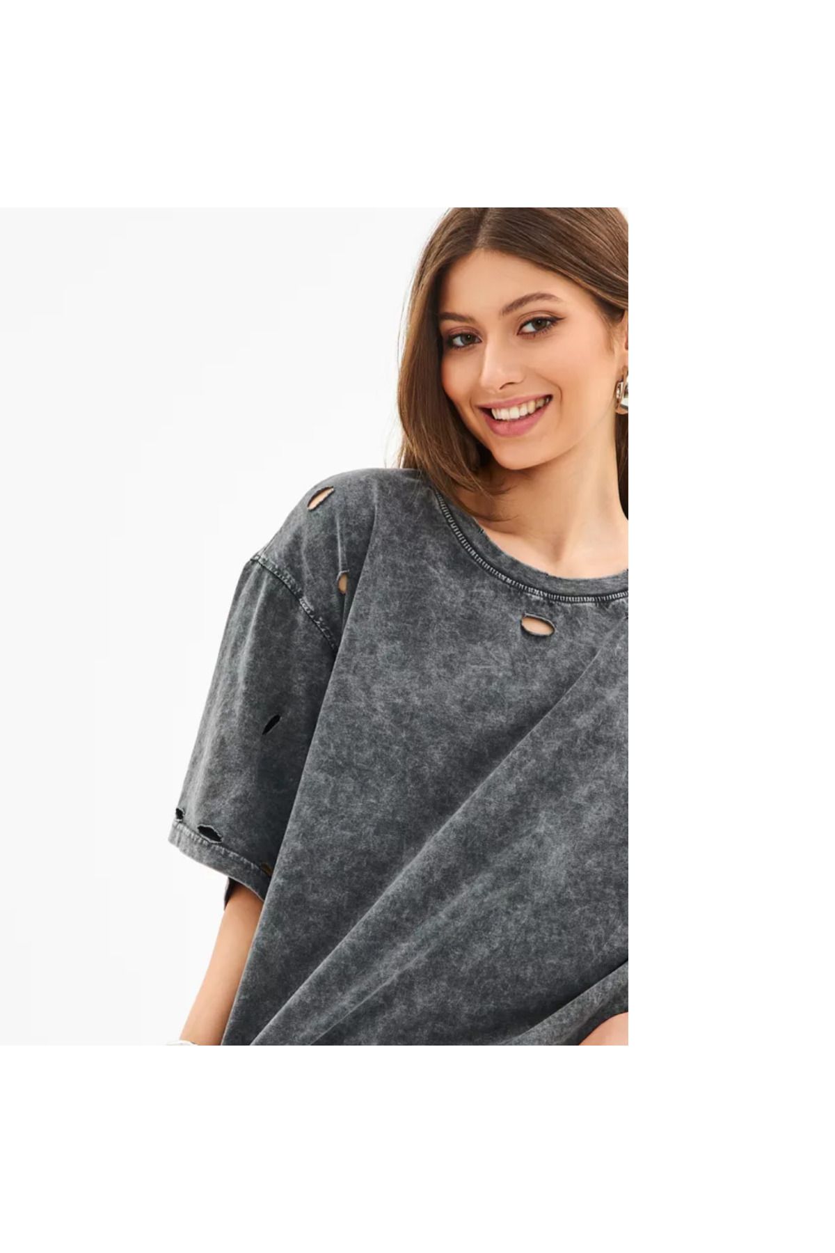 Fibula Ajurlu pamuk standart beden gri T-shirt