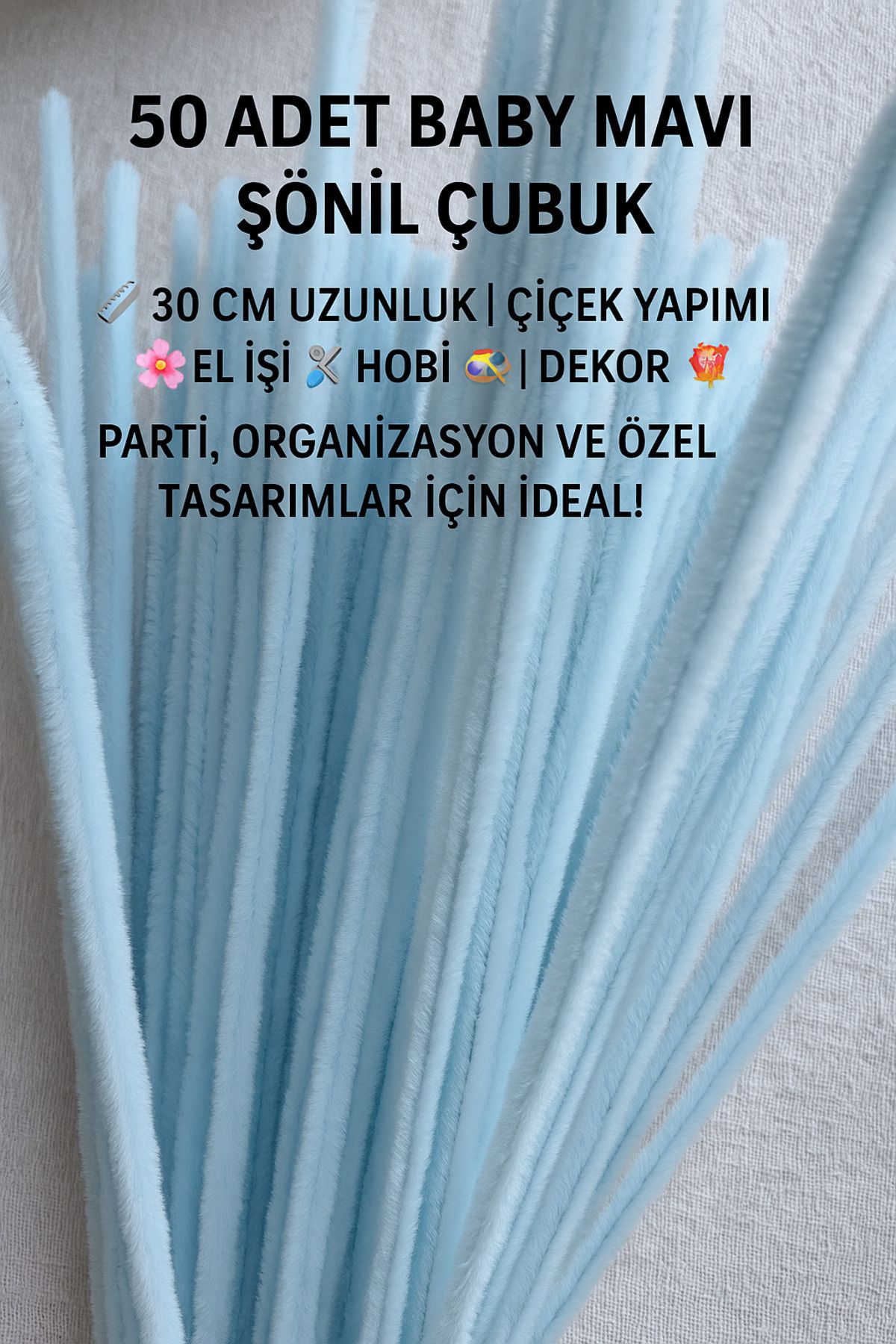 KARAASLAN 100'lü Baby Mavi Şönil Çubuk 30 CM | Çiçek Yapımı, Hobi, El İşi, Dekoratif Süsleme ,Malzemesi