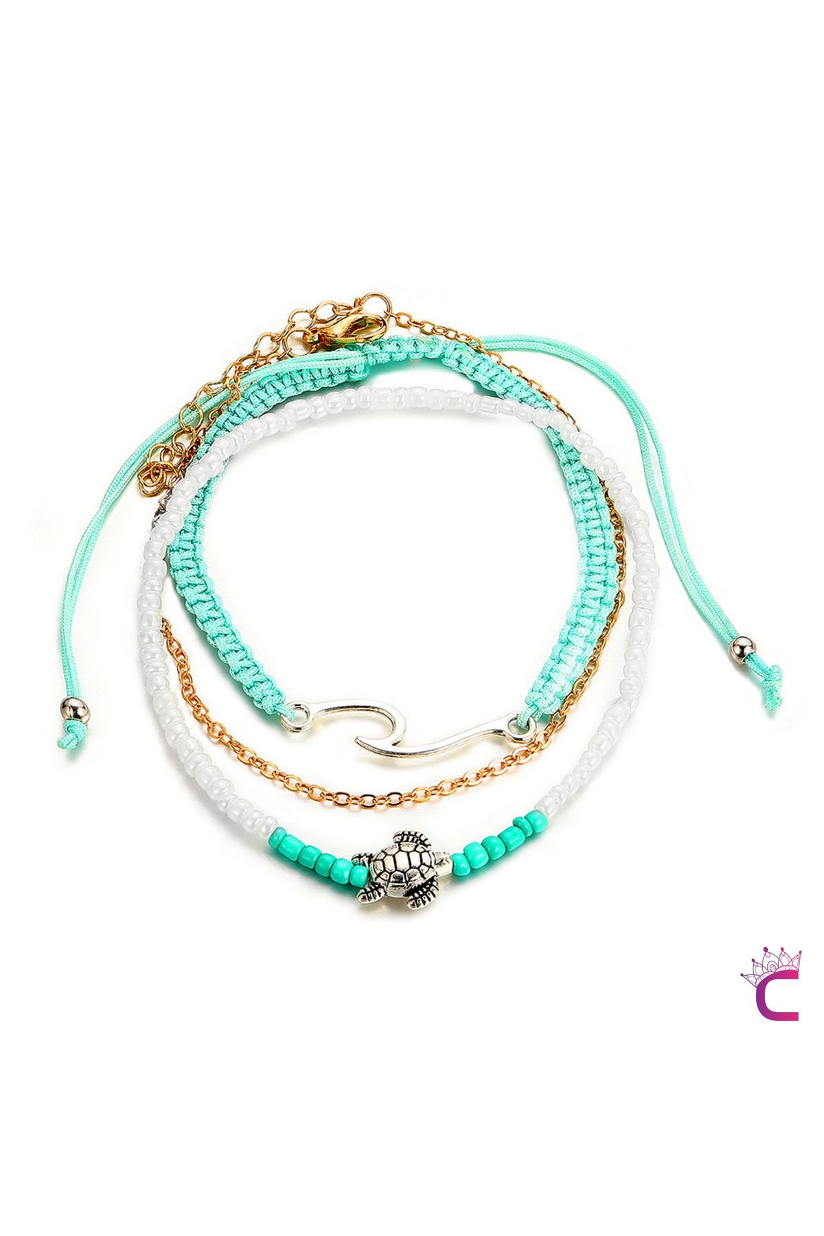 Cinderella-3-Piece Combination Anklet with Rubber Figured Knitted Drawstring Miyuki Stone Chain - Adjustable Rope Anklet 3