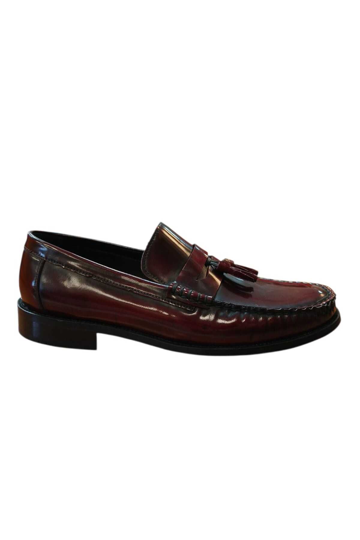 Nevzat Zöhre kösele bordo ve siyah açma deri loafer püsküllü dex-ter p039 günlük klasik ayakkabı