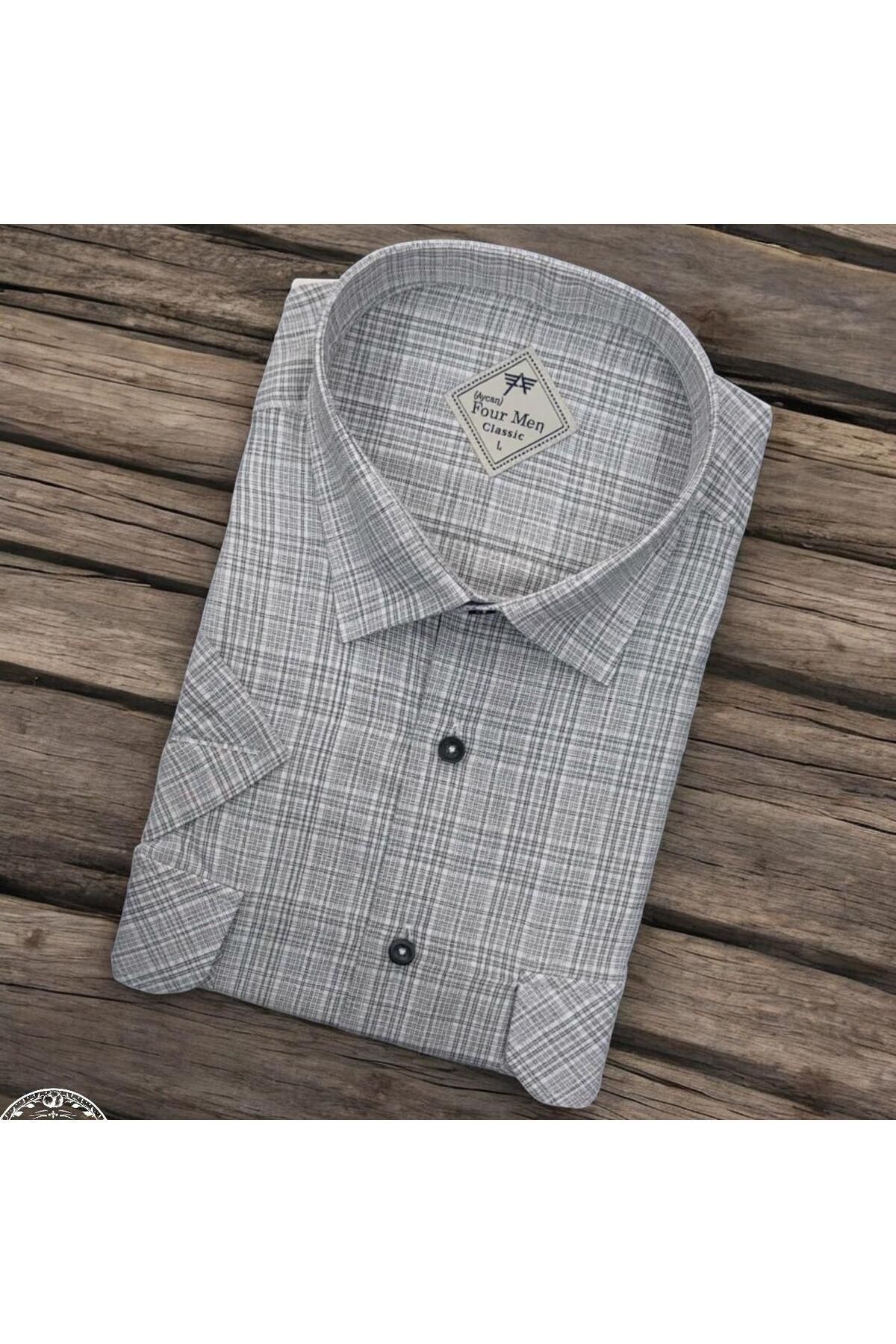 EREN STYLE Linen Keten Klasik Kısa Kollu İki Cepli Kapaklı Ekru Baba Gömleği (Regular Kalıp)