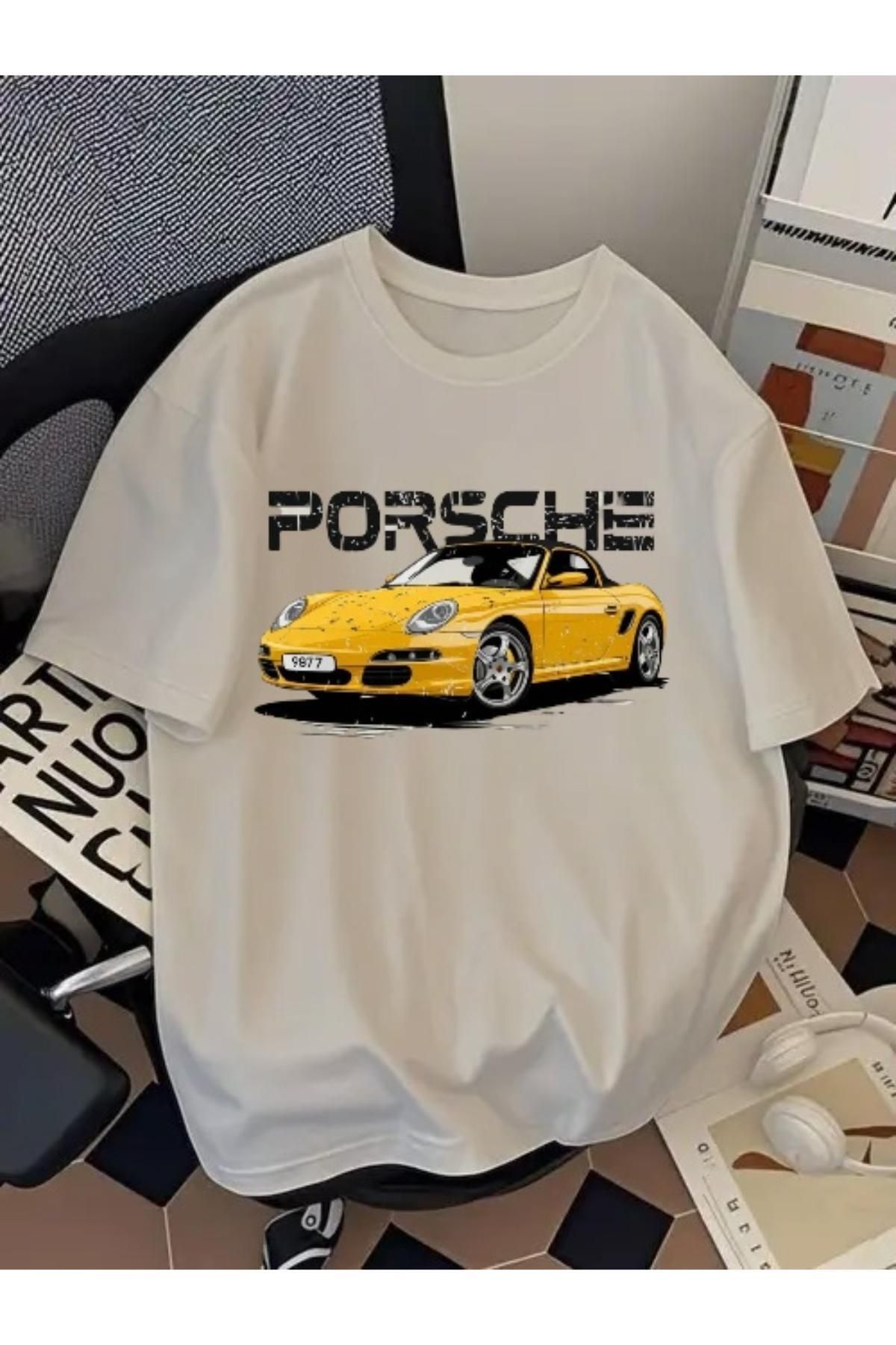 EQİ Porsche Sarı Araba Baskılı Oversize T-Shirt