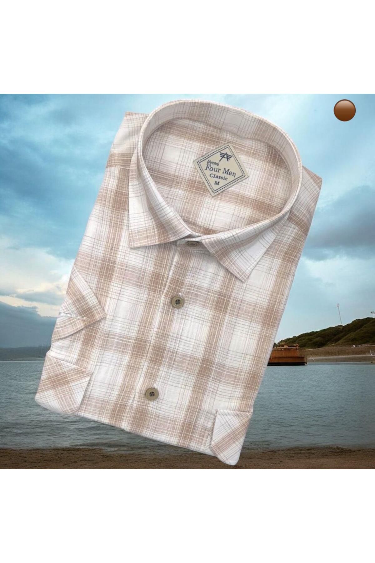 EREN STYLE Linen Keten Klasik Kısa Kollu İki Cepli Kapaklı Beyaz Baba Gömleği (Regular Kalıp)