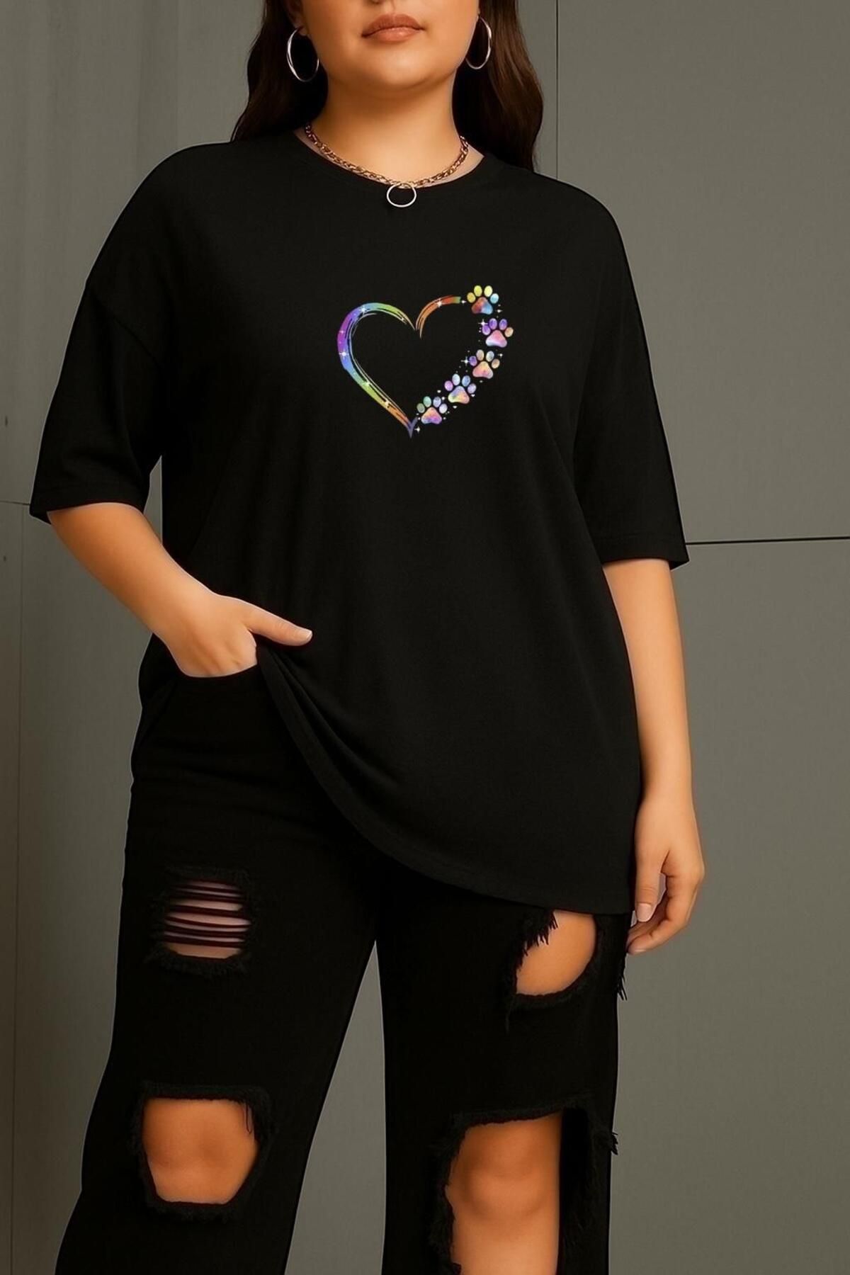 BENROMA BÜYÜK BEDEN RENKLİ KALP BASKILI UNİSEX TİŞÖRT