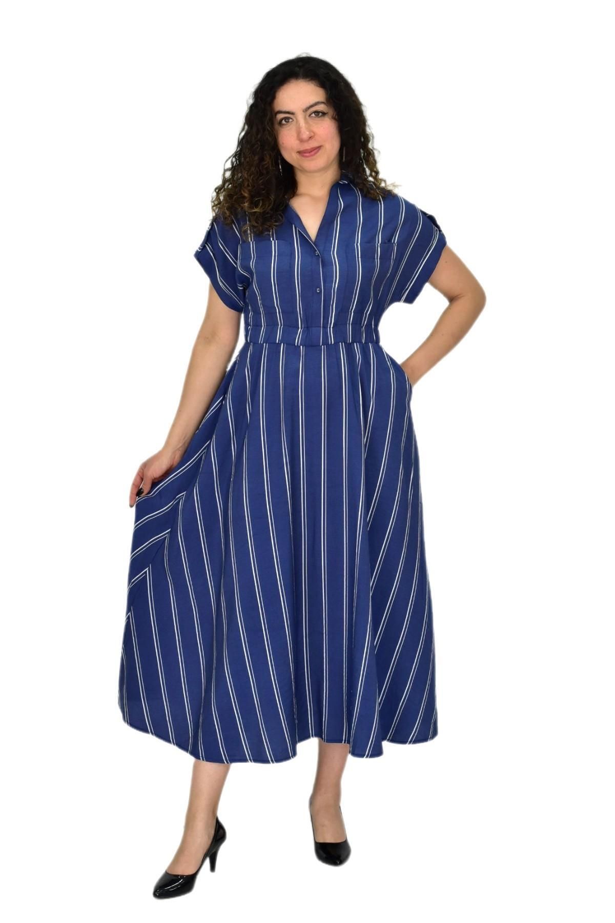 BAGLAN Kadın Beli Lastikli Çizgili Elbise BGL-ST04638