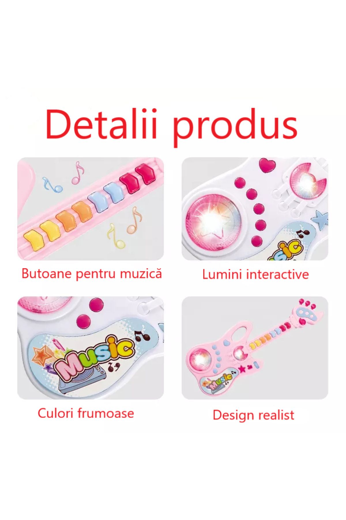 LUDIRO-Interactive Guitar Toy with Musical and Light Panel, Multiple Functions, Pink 2