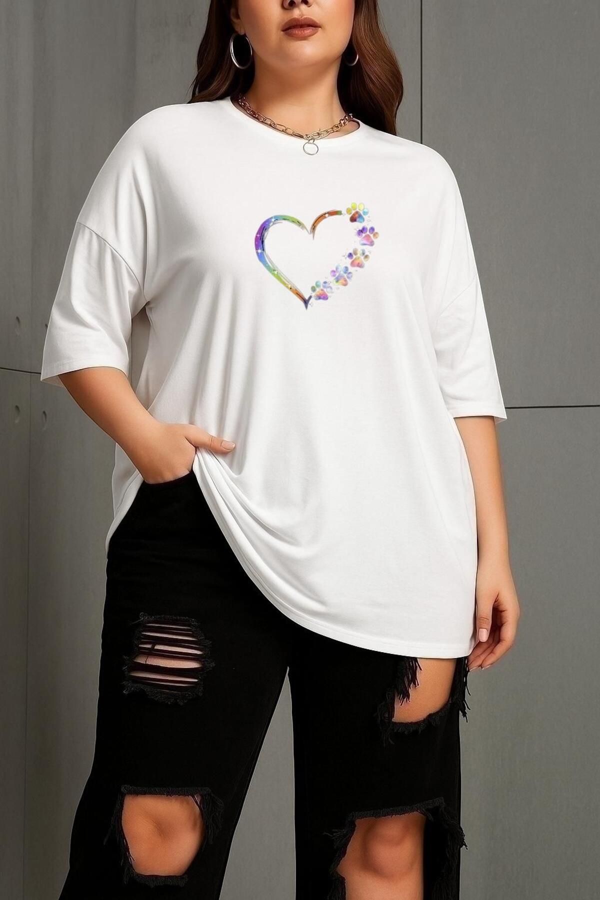 BENROMA BÜYÜK BEDEN RENKLİ KALP BASKILI UNİSEX TİŞÖRT