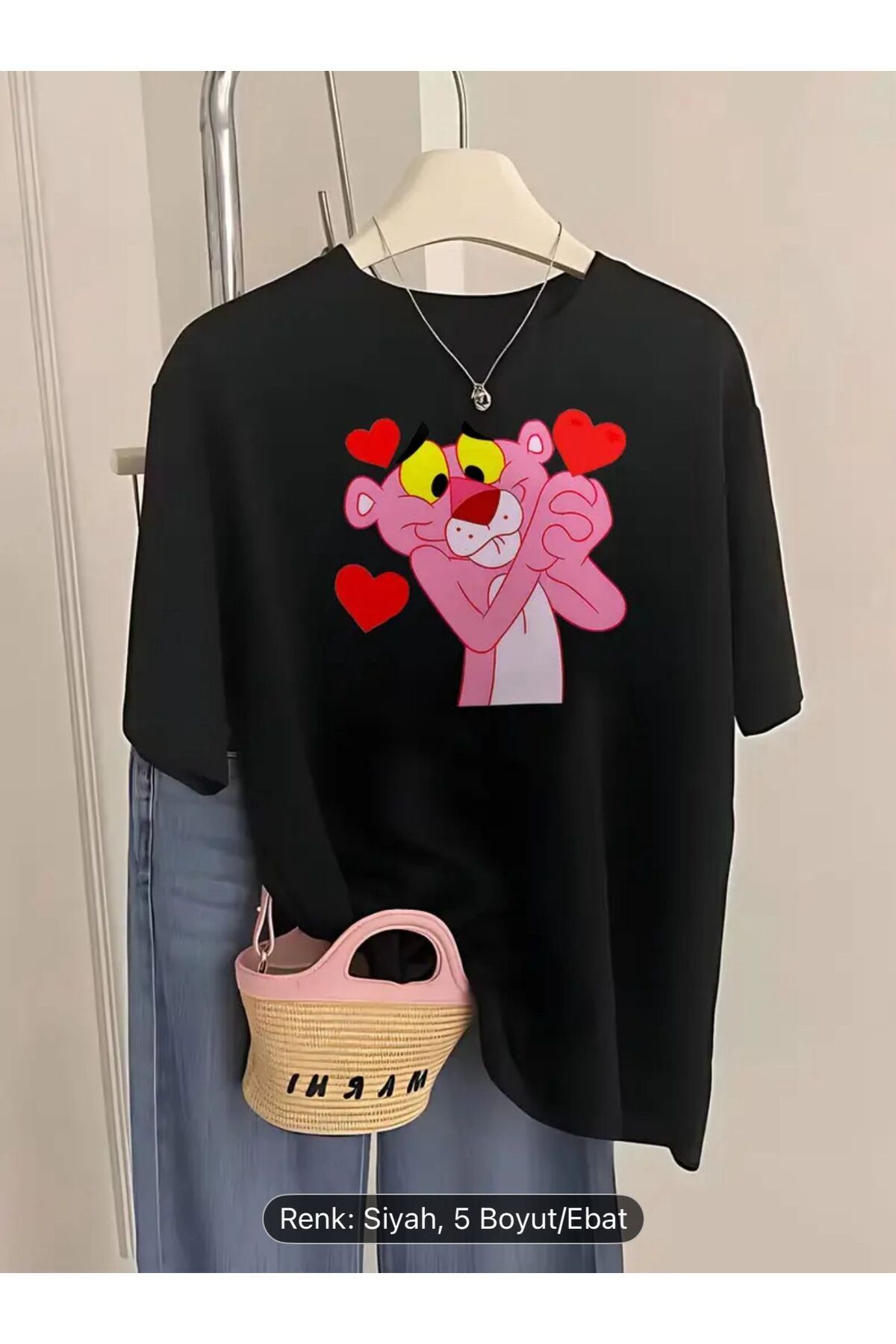 ELZE MODA Unisex A KALİTE PREMİUM Pembe Panter Baskılı Oversize T-shirt