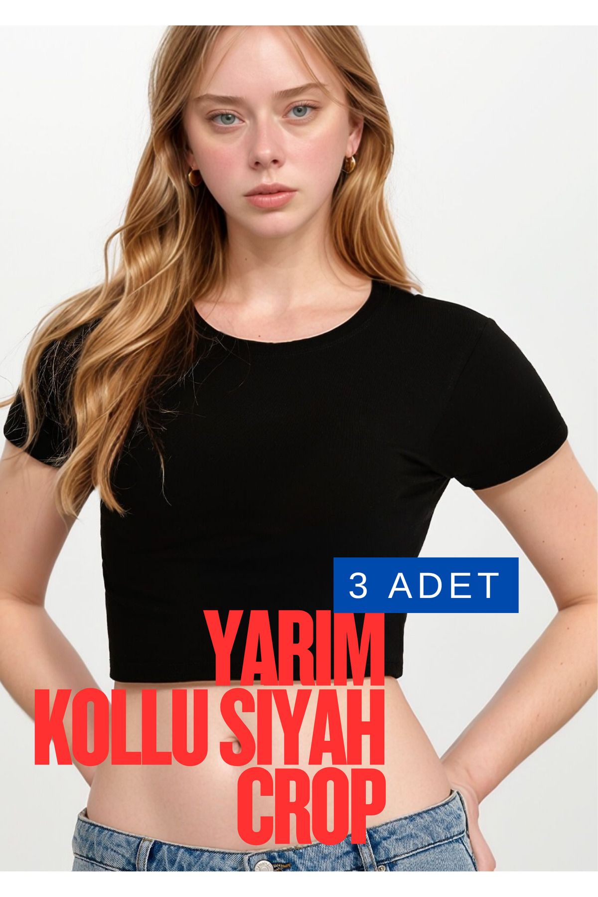 Loule Kadın Giyim Pamuklu - Elastan Yarım Kol Bisiklet Yaka 3 Adet Siyah Crop LL.011.ILK.110