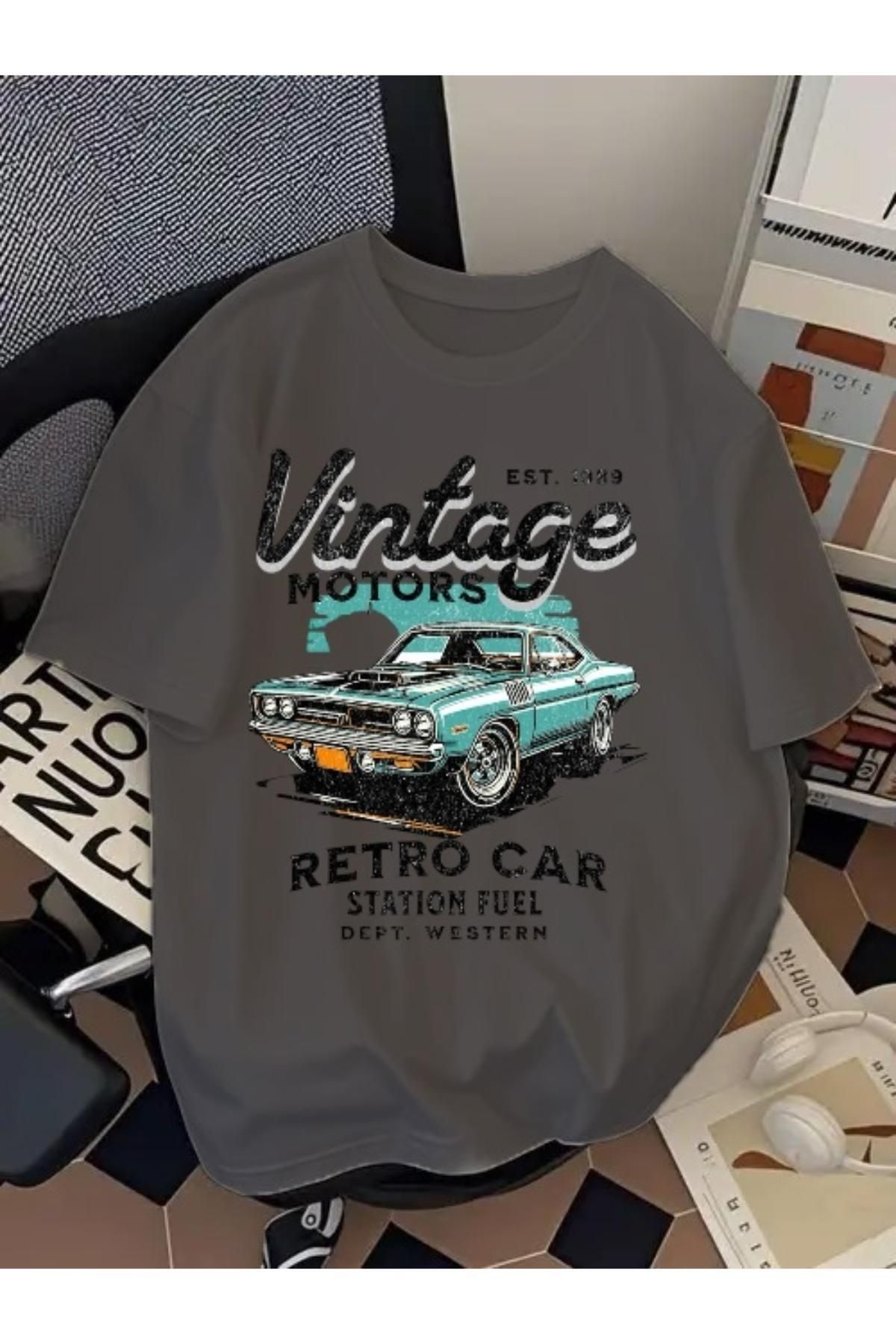 EQİ Vintage Retro Car Baskılı Oversize T-Shirt
