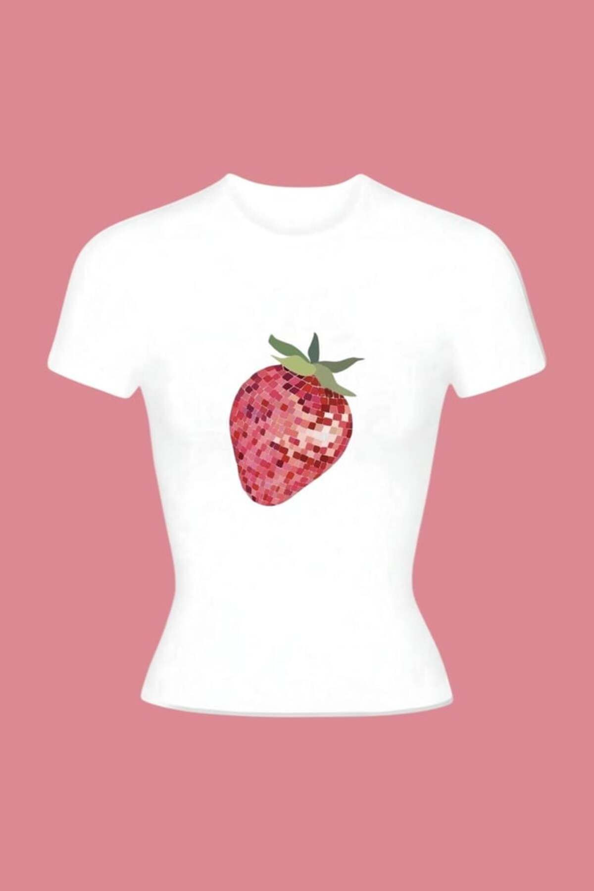 VibeGaia Beyaz Çilek Baskılı Basic Baby Tee Tişört