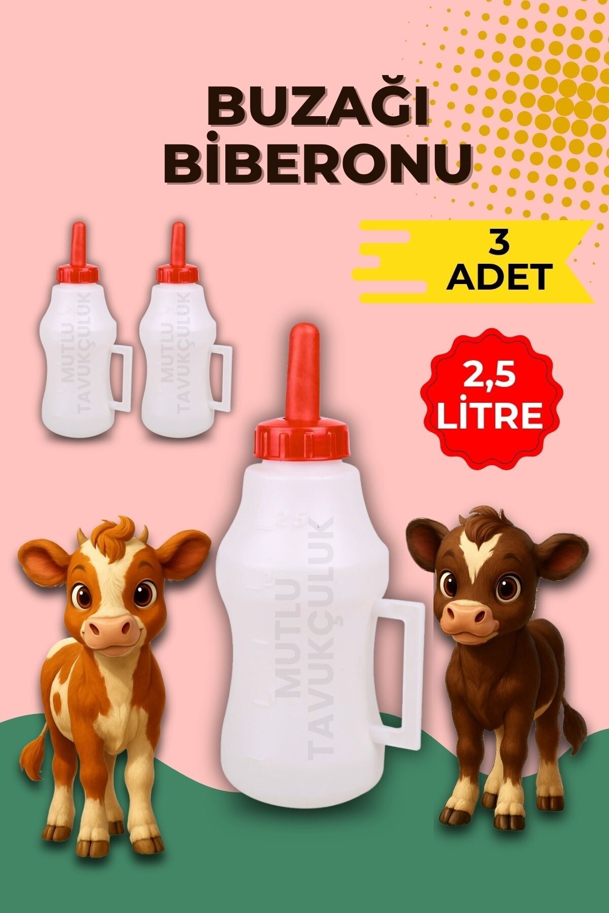 mutlu tavukçuluk 3 Adet Buzağı Biberon Dana Süt Biberonu 2.5 Litre Büyükbaş Inek Sığır Manda Yavrusu Için Süt İçirme