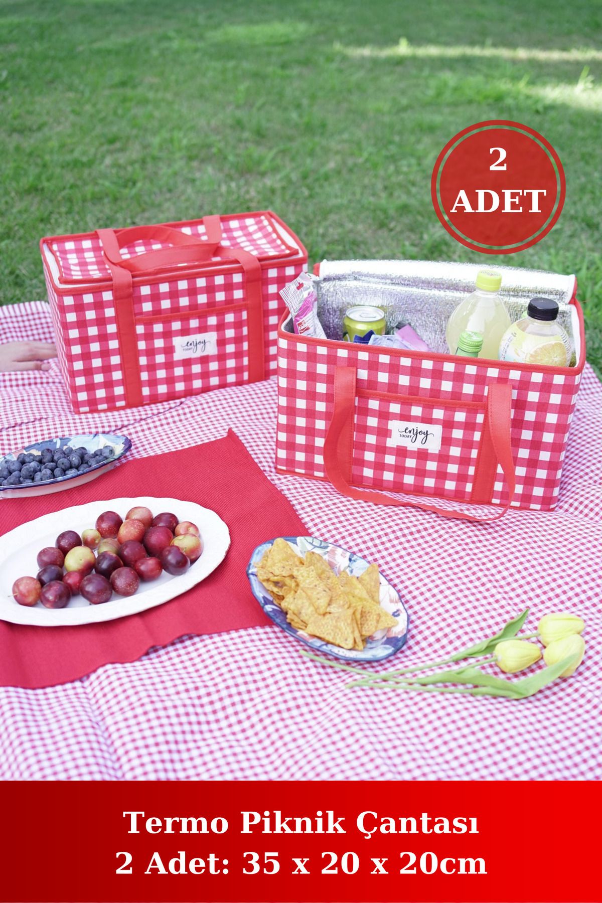 Sepette Herşey 2 Adet Yalıtımlı Termal Piknik Çantası Kırmızı Pötikare Kulplu Soğuk Taşıma Çantası 35x20x20cm