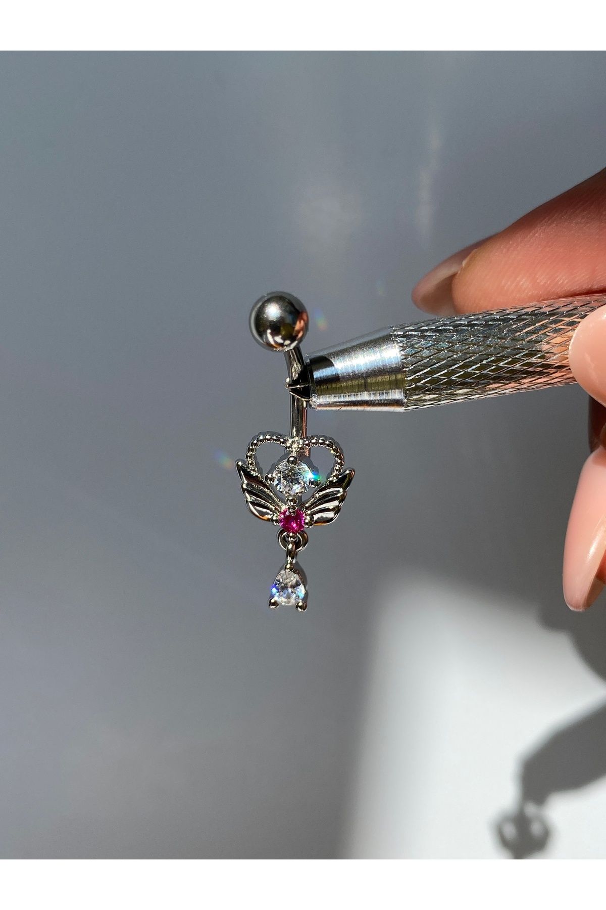 kurukafagift Çelik Göbek Piercing Kanatlı Kalp Melek Zirkon Taşlı Model