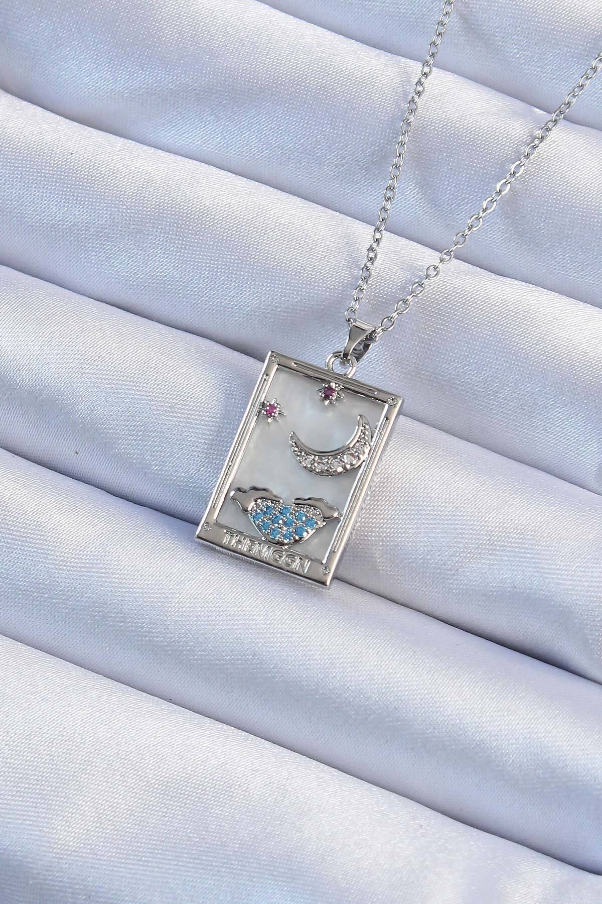 Angel Of Life 316L Çelik Zincir Gümüş Renk Zirkon Taşlı Ay Figürlü Tarot Kolye - TJ-BKO9252