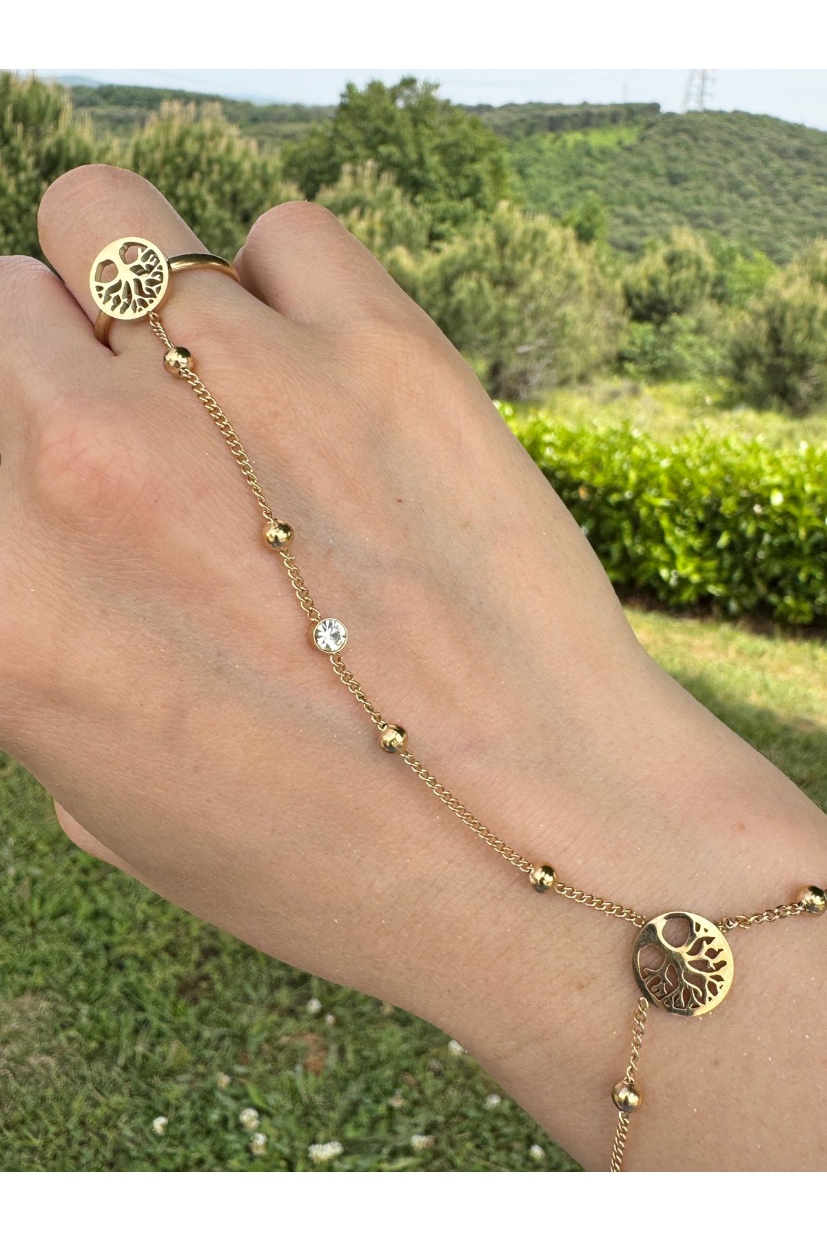 Tasarım Gold Yaşam Ağacı Figürlü Çelik Şahmeran Bileklik - Yüzüklü