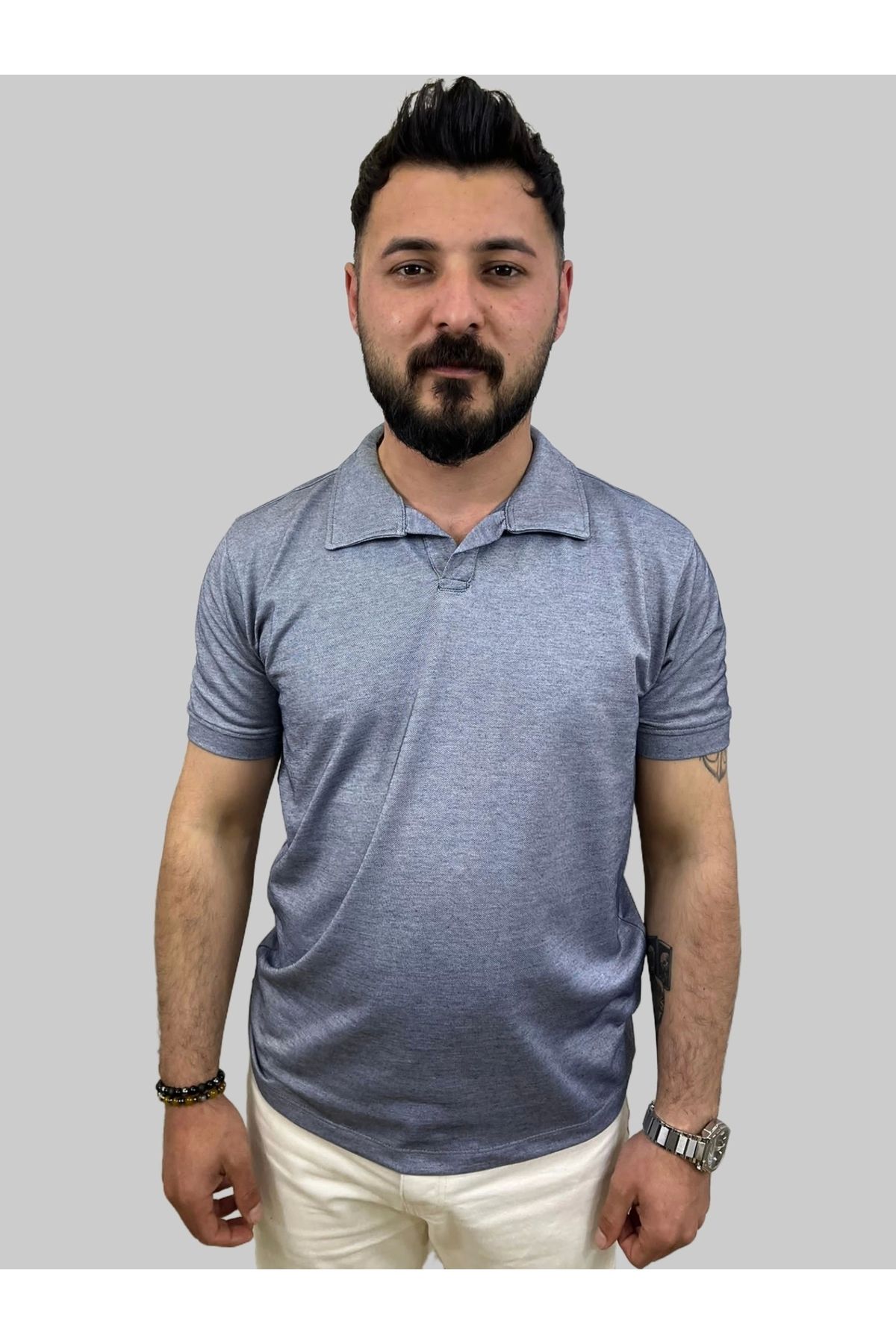 daniel milano Erkek Bymn Düğmesiz Polo Yaka Açık Gri Tişört