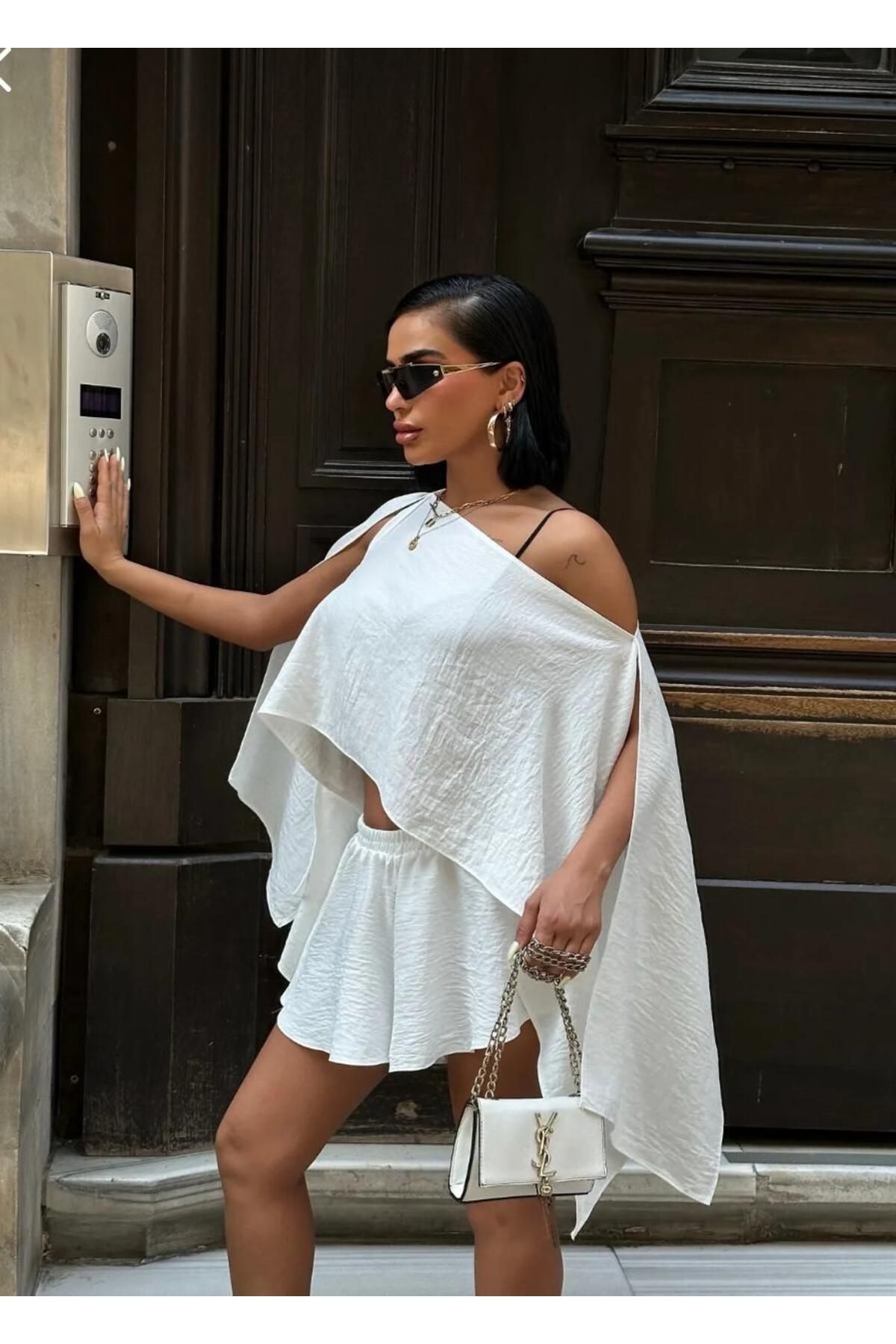 World Fashion Trends 8017 Omuz Detaylı Keten Look Takım Şort+Bluz