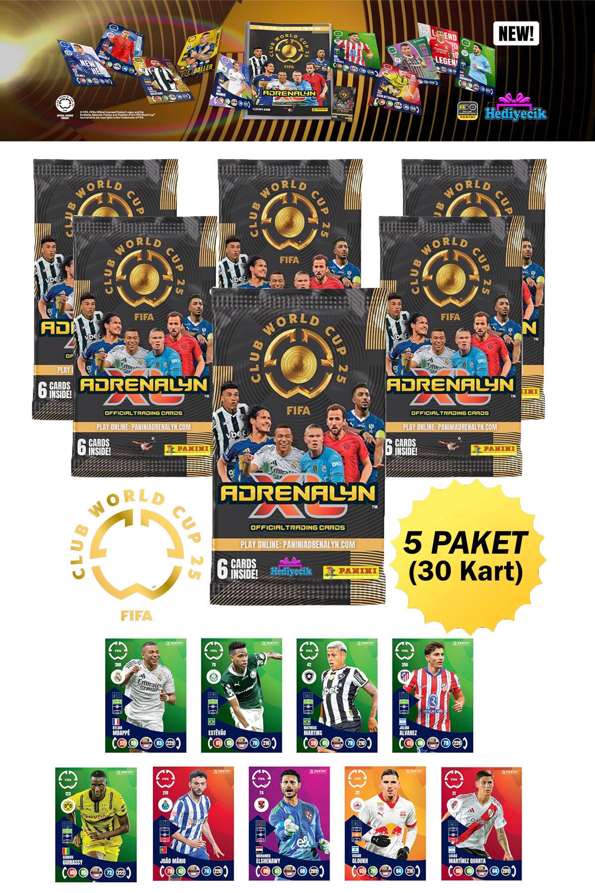 hediyecik Panini Fifa Club World Cup 2025 Trading Card Dünya Kupası Oyun Kartları 5 Paket (30 Kart)