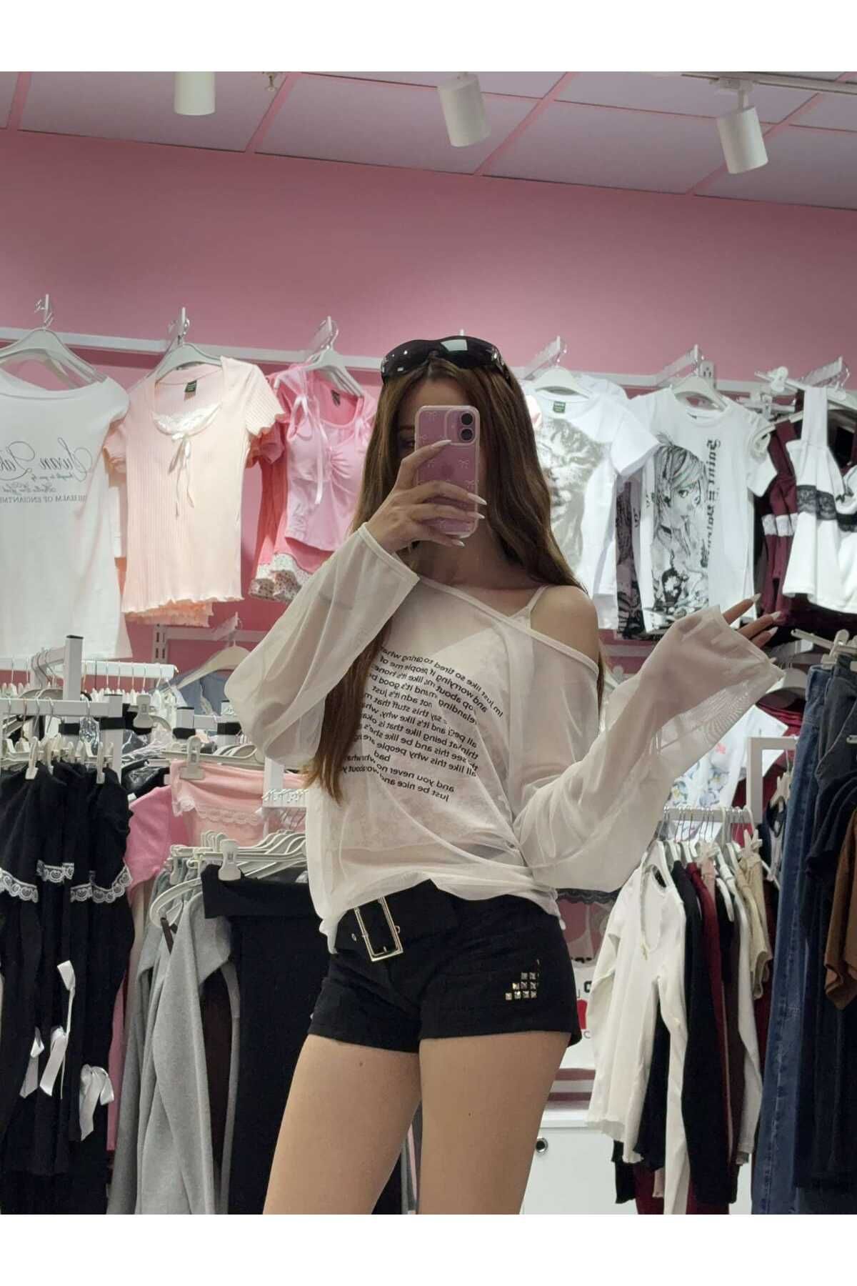 İsra Ayyıldız Moonstar Collection Salaş Transparan Düşük Omuz Uzun Kol T-shirt