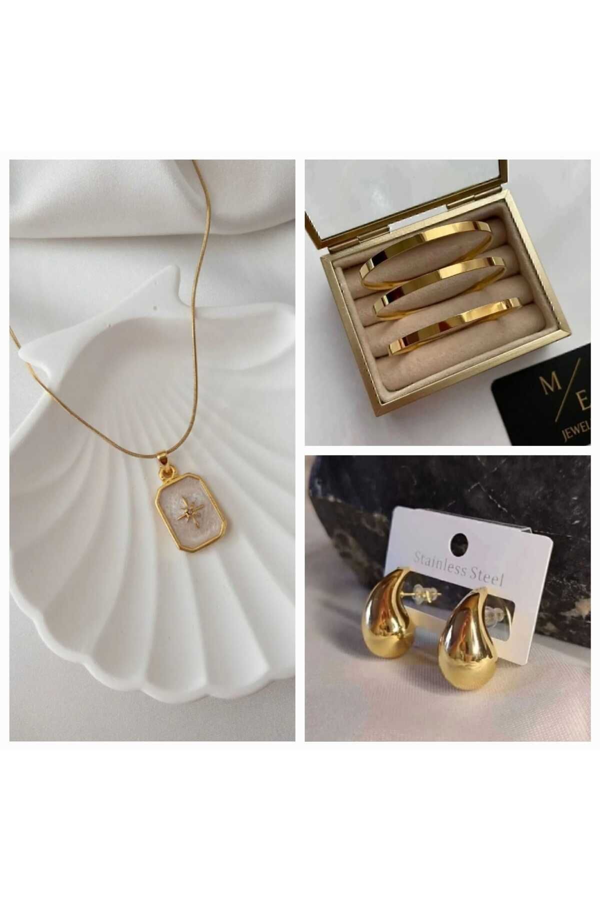 TERE STYLE Kutup Yıldızı Kolye + 3 lü Kalın Ajda + Botega Gold Renk Küpe Kombinli Set