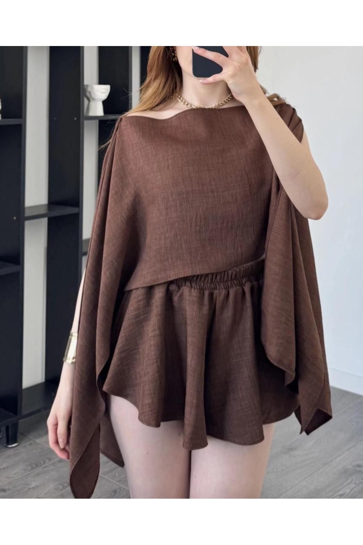 World Fashion Trends 8017 Omuz Detaylı Keten Look Takım Şort+Bluz
