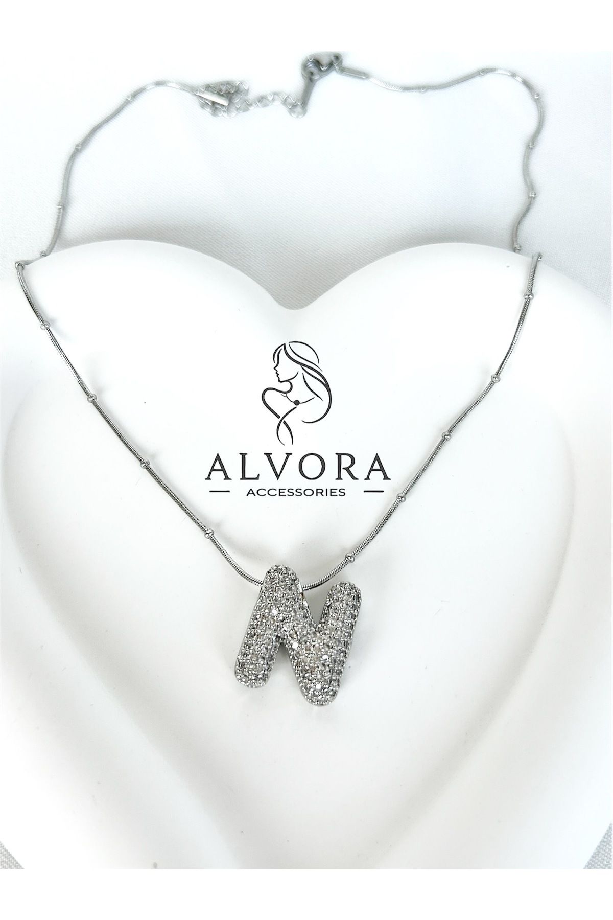 Alvora Accessories N Harf Paslanmaz Çelik Zirkon Taş Detaylı Harf Kolye