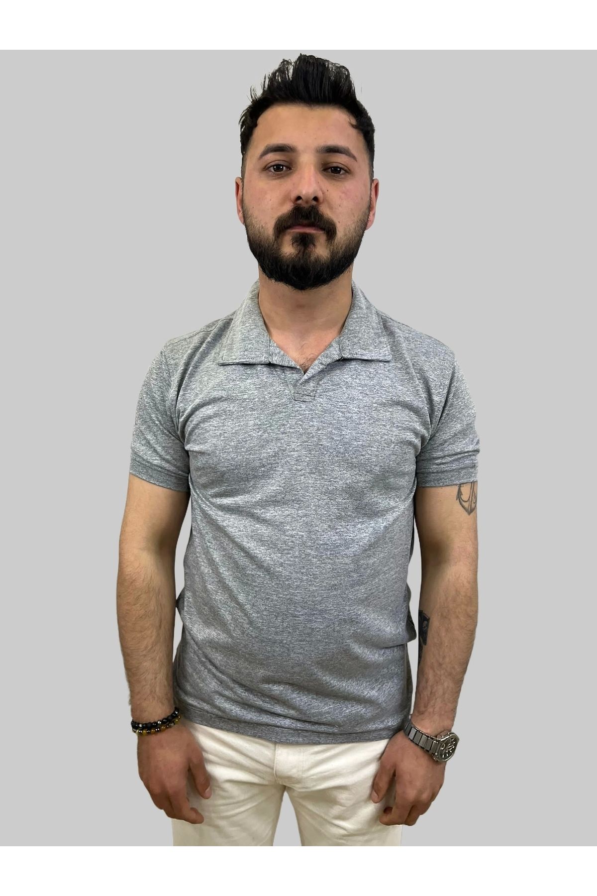 daniel milano Erkek Bymn Düğmesiz Polo Yaka Gri Tişört