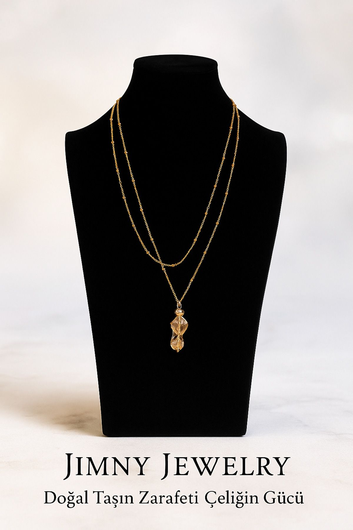 JİMNY JEWELRY Pelot Gold Parlak Özel Kesim Sitrin Uçlu Kolye