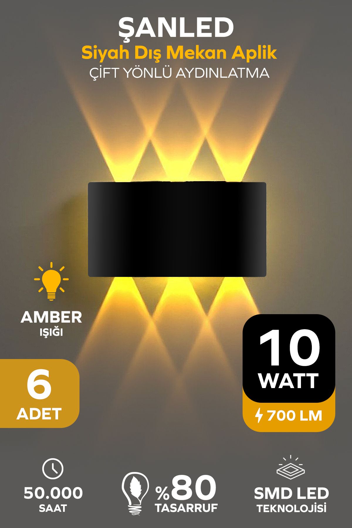 ŞANLED Dekoratif 10w Çift Yönlü Iç-dış Mekan Siyah Kasa Amber Rengi Işık Duvar Aplik-6 Adet