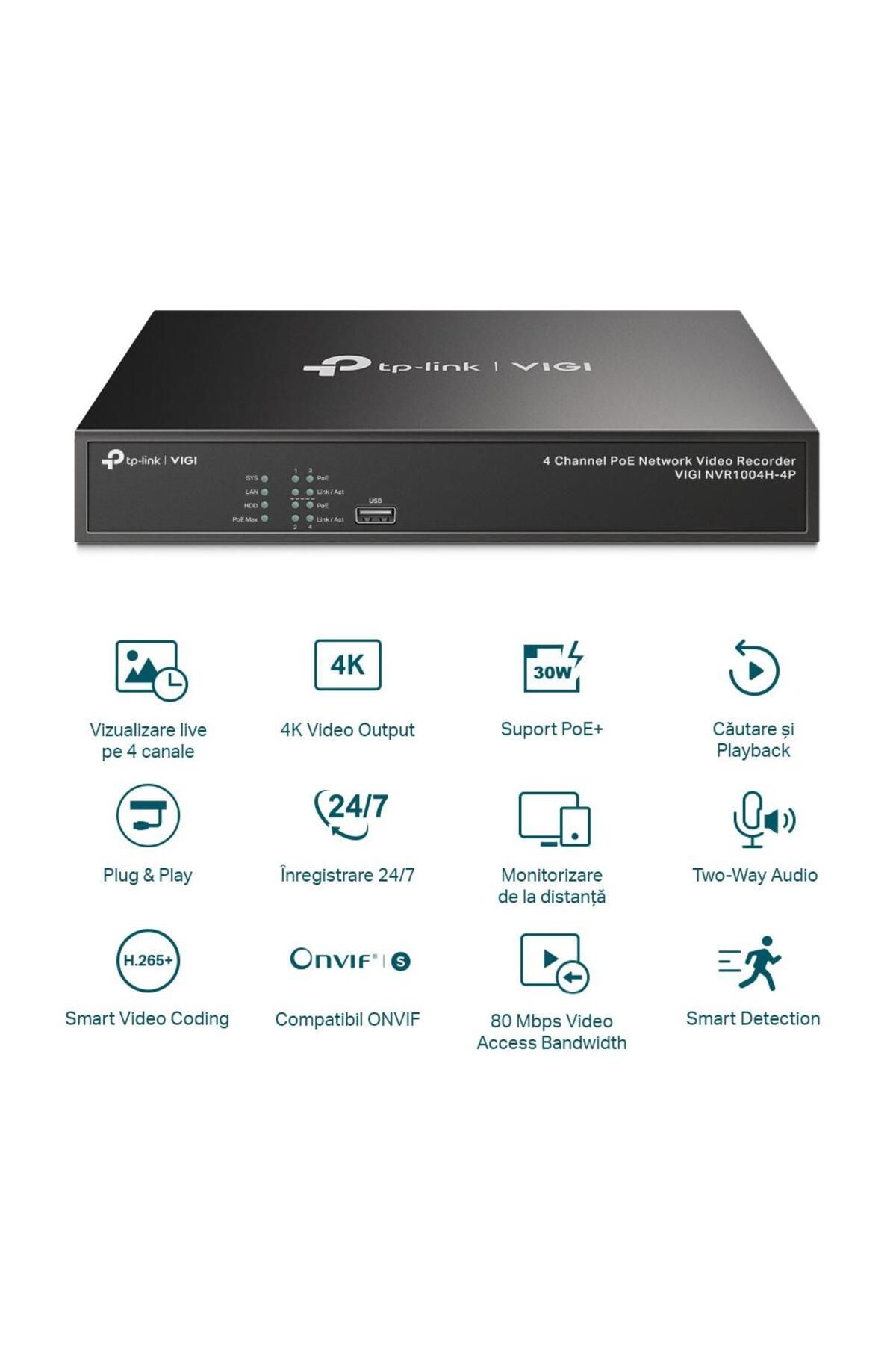 TP-LINK-NVR PoE VIGI 4 canale 1004H4P; 53W, 8 MP,1 SATA Interface, max 10TB, H.265+; ONVIF 2
