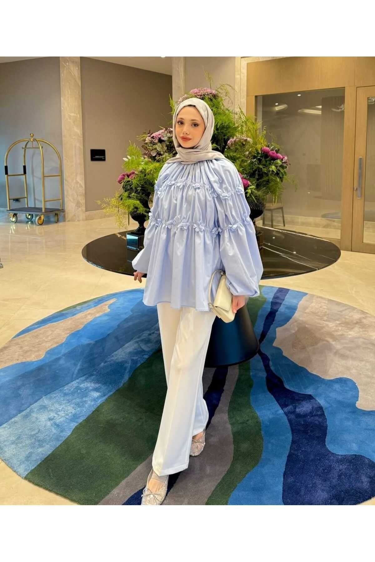 by nursel çiçek Kadın Trend Balon Kol Çiçek Detaylı Tasarım Gömlek Tunik