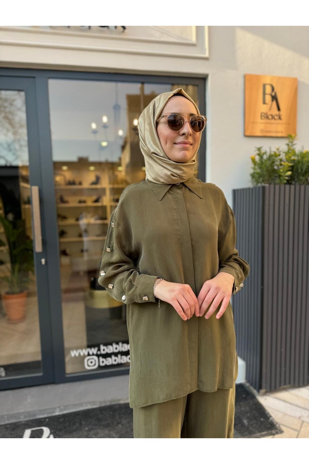 Babil Butik Kol Detaylı Cupra Kadın Gömlek Haki Yeşil