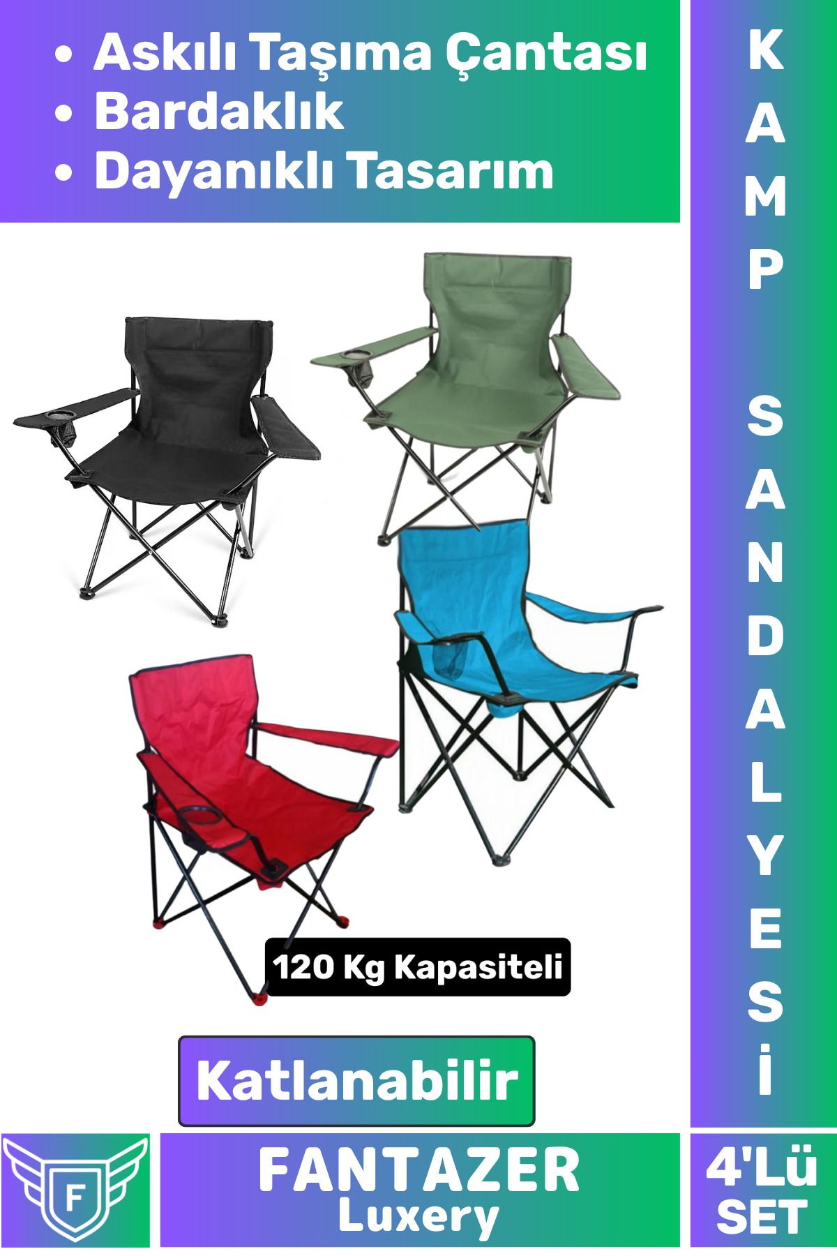 Fantazer Dayanıklı Askılı Taşıma Çantalı Bardaklık 120 Kg Kapasiteli Katlanabilir Kamp Sandalyesi 4'lü SET