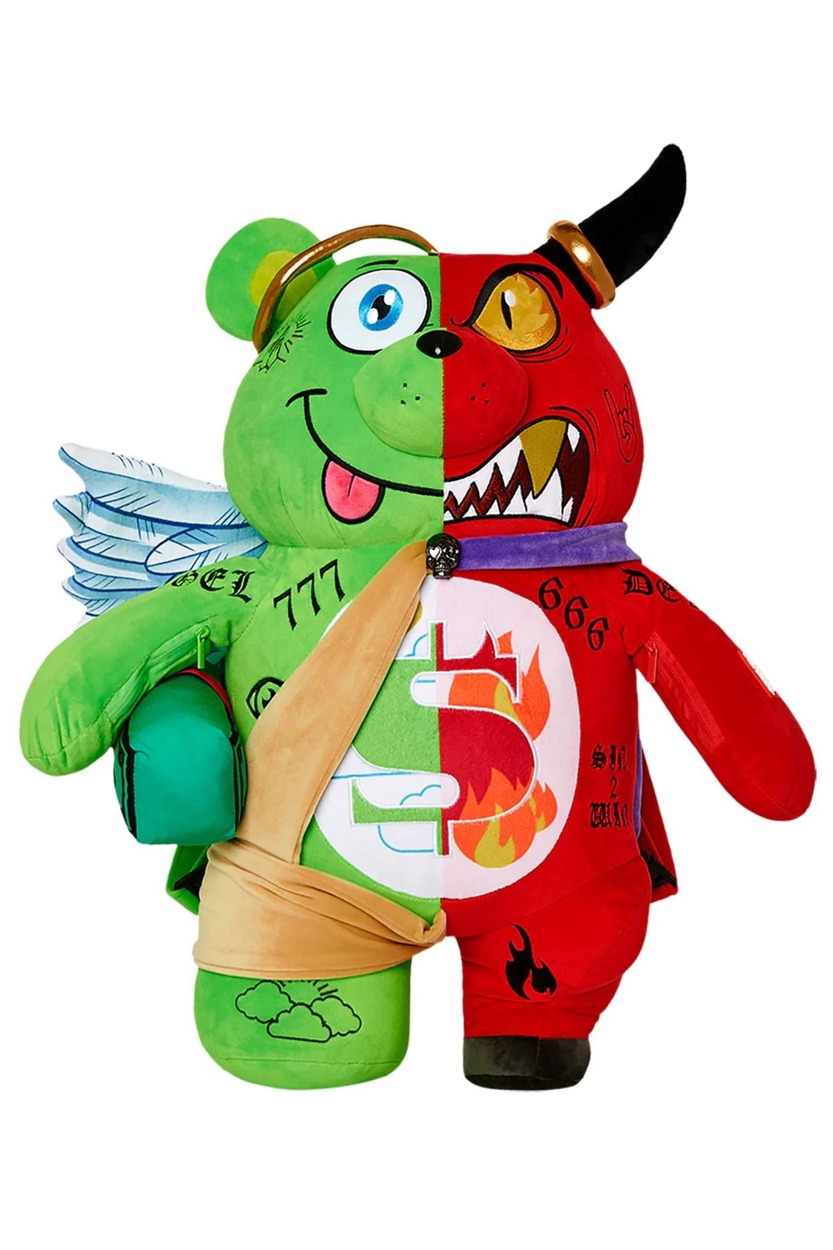 Sprayground Angel Vs Devil Teddy Bear Sırt Çantası, Pelüş Kumaş, Fermuarlı Cepler, Orijinal Tasarım