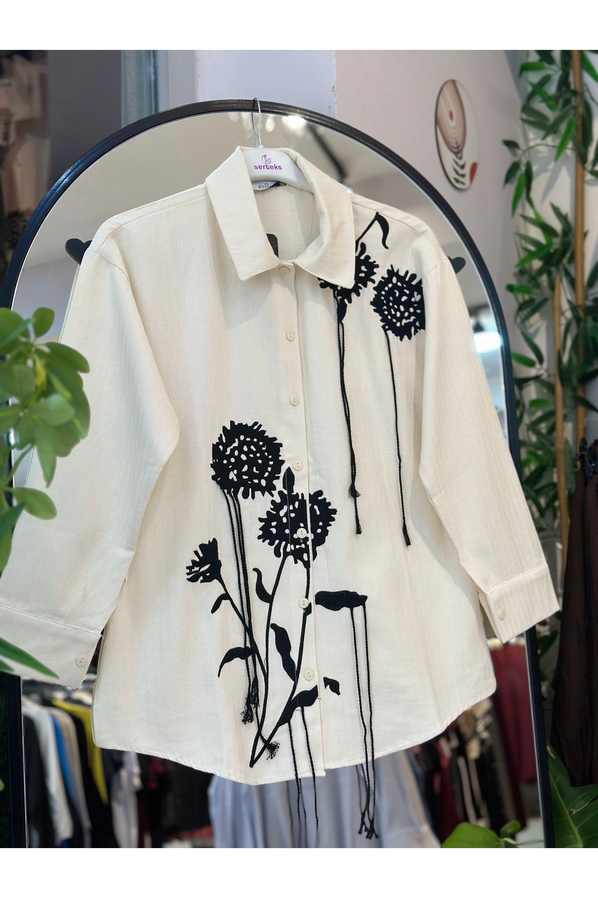 butiksosyete38 Nakışlı Keten Gömlek Ceket Owersize Model