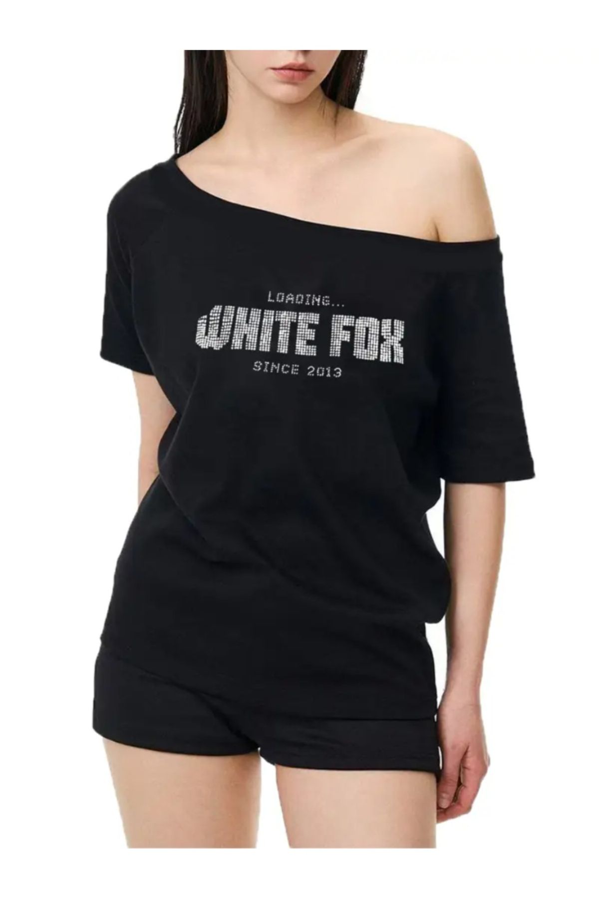 Koklonmoda Büyük Beden Kadın Düşük Omuz Kayık Yaka White Fox Baskılı T-Shirt