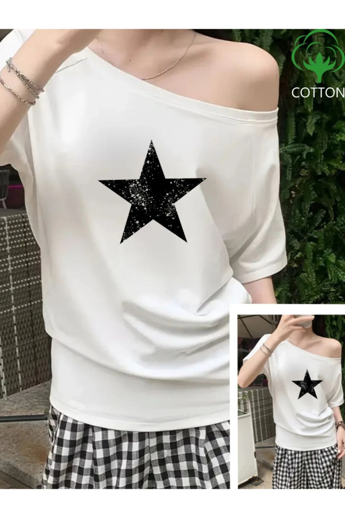 Koklonmoda Kadın Düşük Omuz Kayık Yaka Siyah Yıldız Baskılı T-Shirt