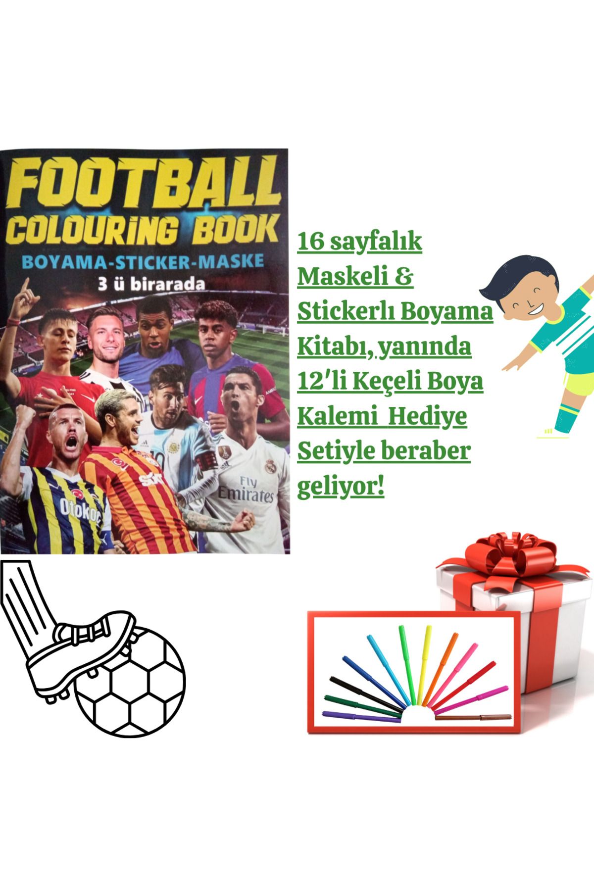 booddie Football Futbol Boyama Kitabı Stickerlı (arka Kapak Kesilerek Maskeli ) 12'li Keçeli Boya Seti