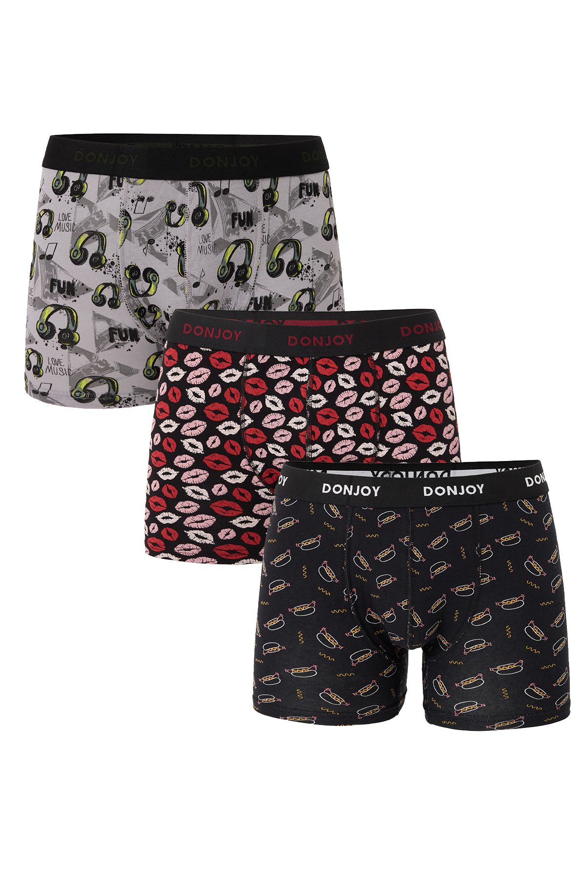 don joy Erkek 3'lü Karışık Desenli Pamuklu Penye Beli Lastikli Boxer