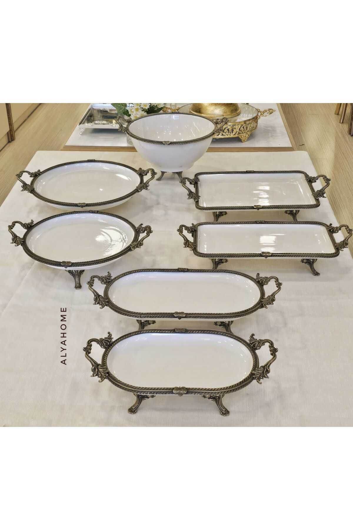 AlyaHomeAksesuar 7 Parça Antik Renkli Metal Çerçeveli Porselen Servis Tabağı Seti