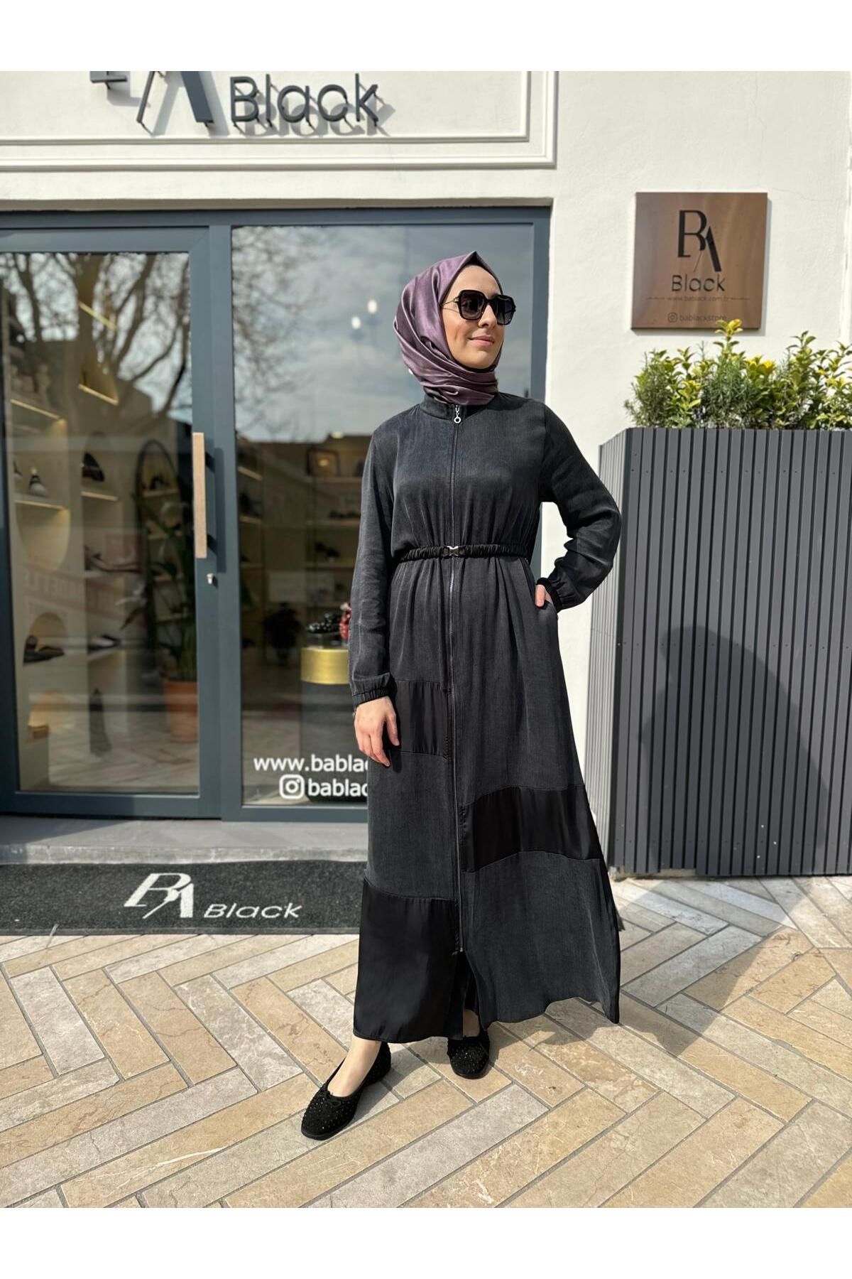 Almarwah Black Parçalı Fermuarlı Kadın Kap Siyah