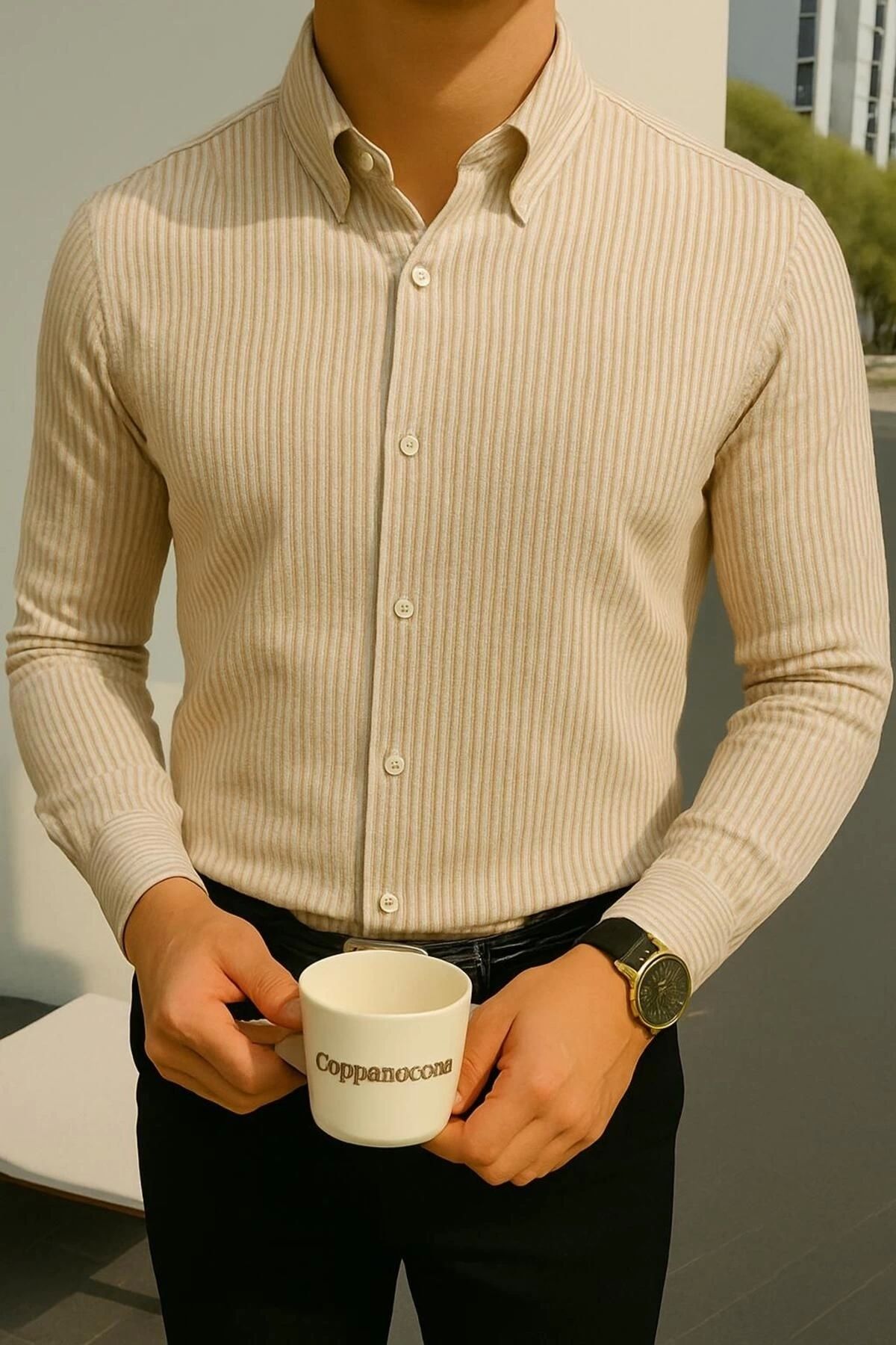 LC Waikiki 2'li Avantaj Slim Fit Uzun Kollu Düğmeli Kolay Ütü Çizgili Şık Premium Erkek Klasik Spor Gömlek