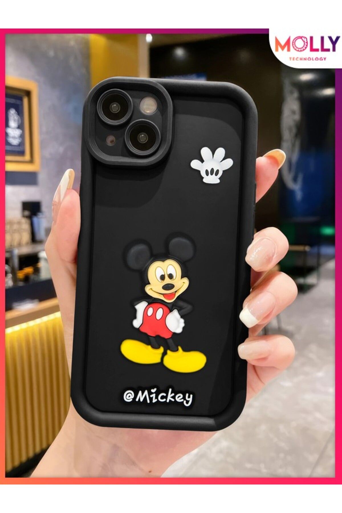 Molly iPhone 14 İçin Siyah Kenarları Kalın 3d Kabartmalı Mickey Silikon Kılıf