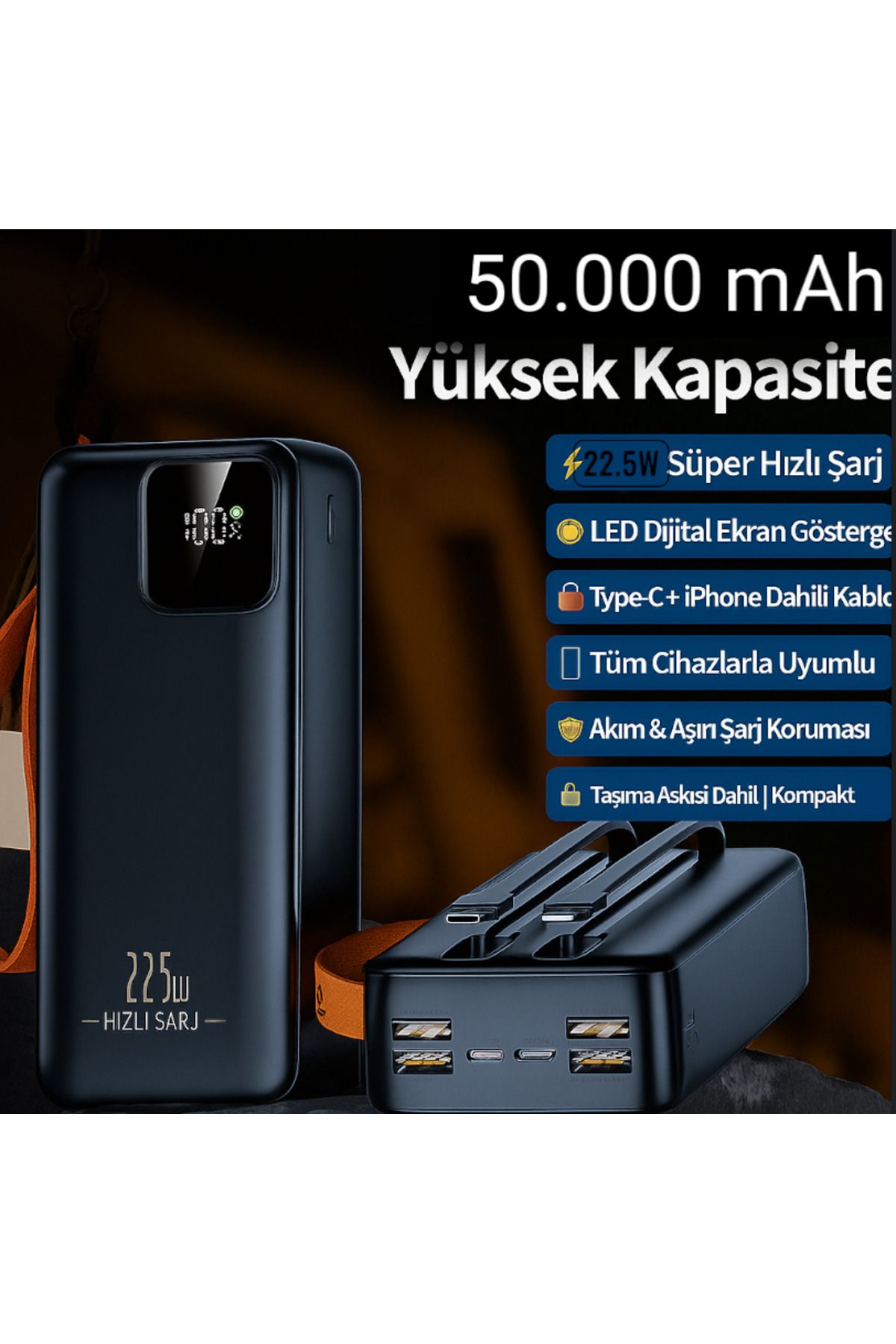 Kılıforyum 50000 mAh Powerbank | 22.5W Süper Hızlı Şarj | LED Ekran | Dahili Type-C + iPhone Kablo