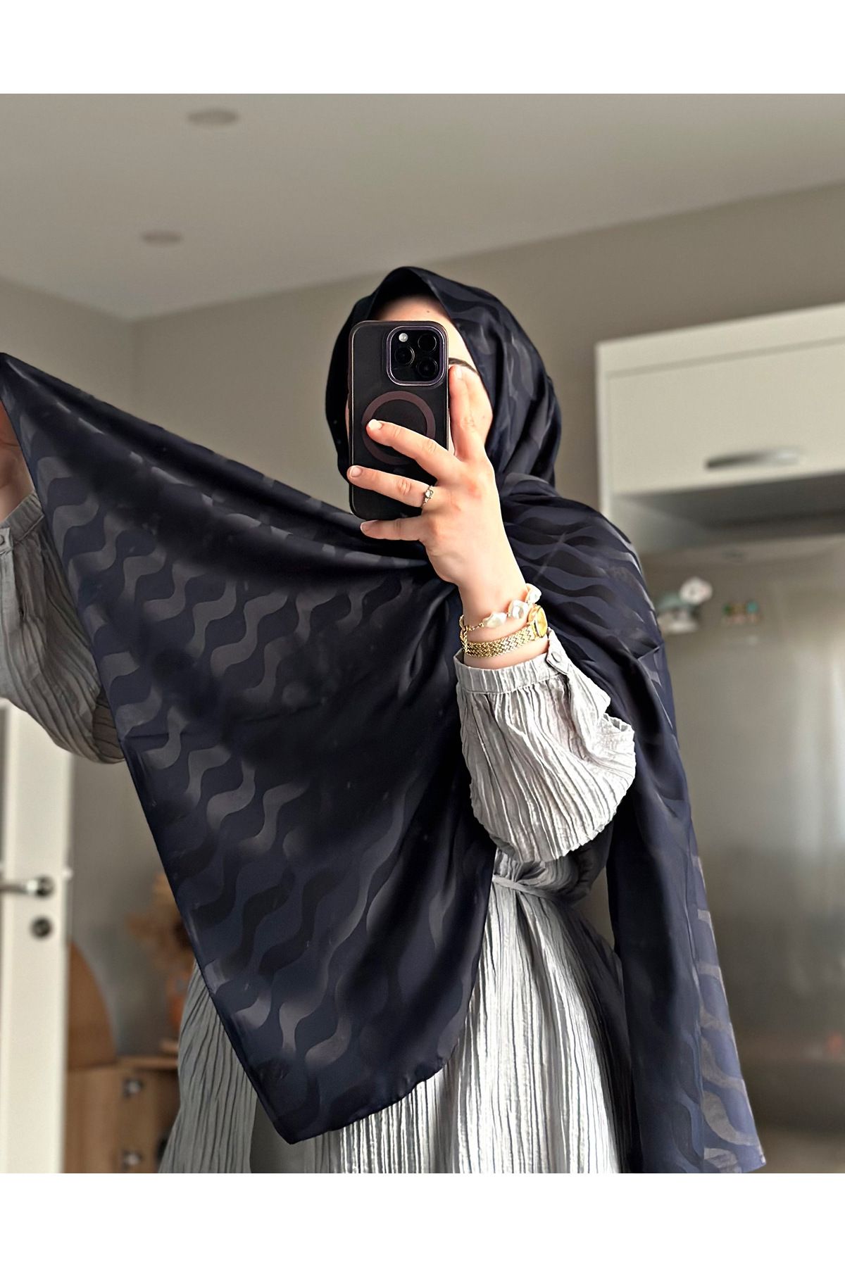 Sane Home Lacivert Şal Tesettür Şal Jakar Şal Kaymaz Şal